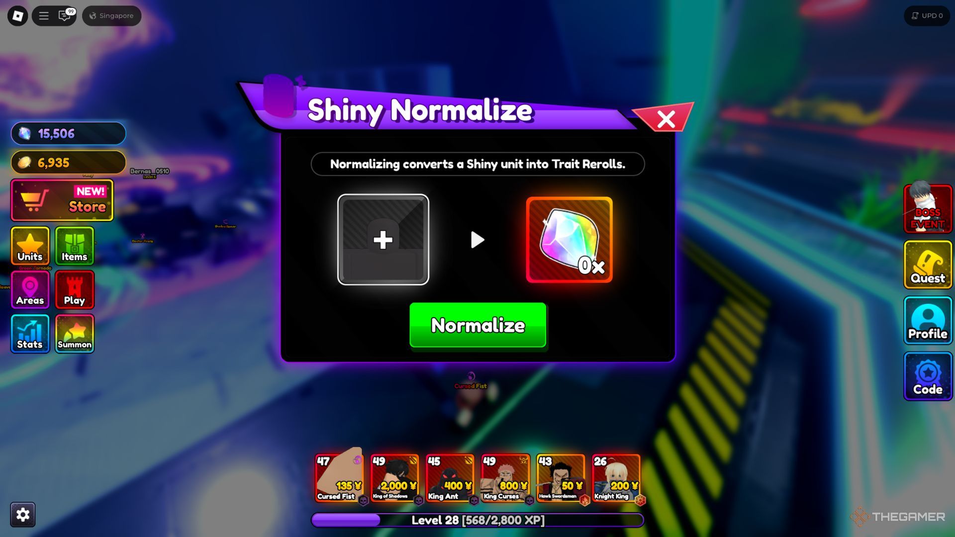 The player character shows the Shiny Normalize tab in Anime Ranger X.