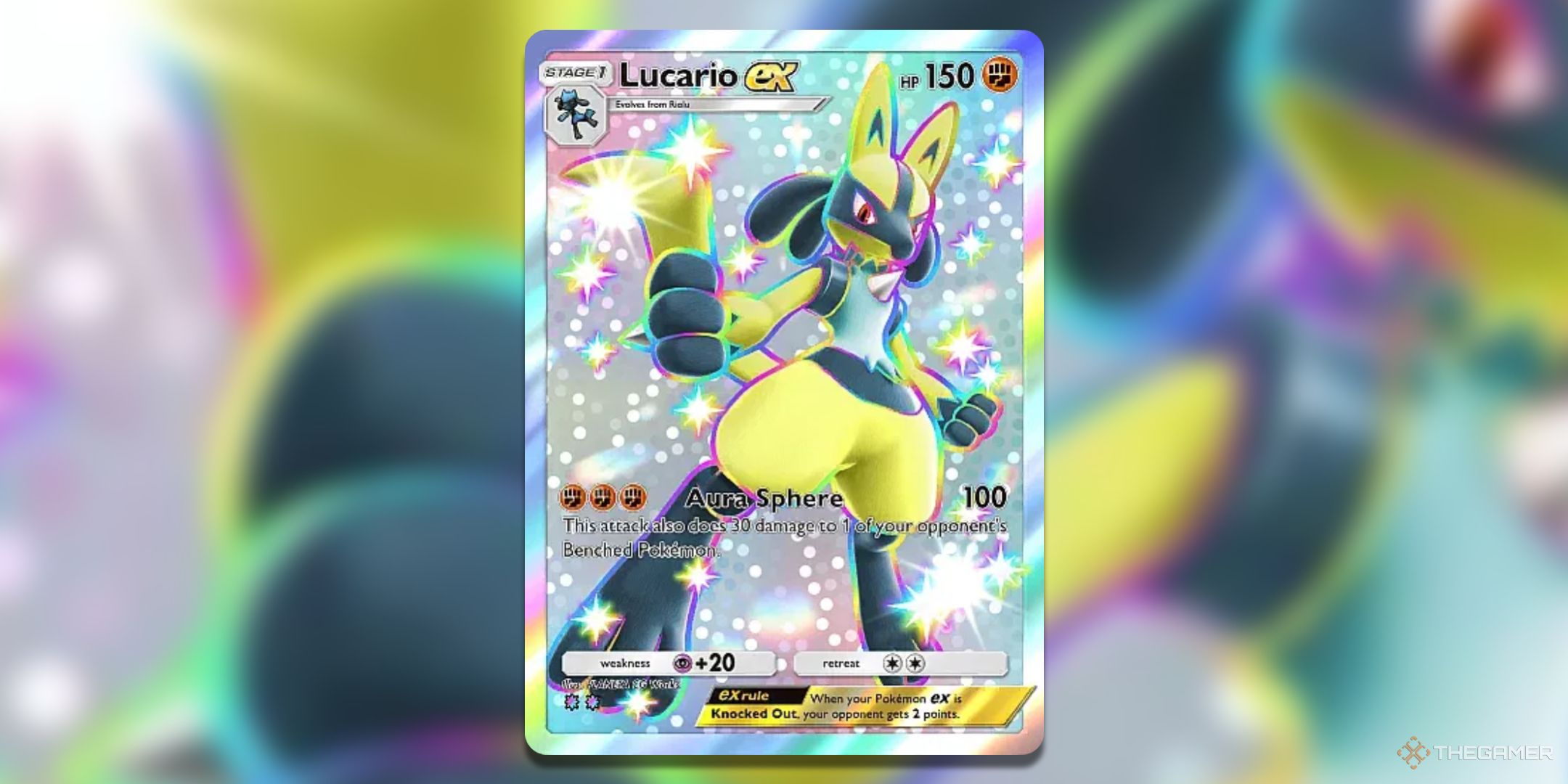 Shiny super rare Lucario ex Pokemon TCG Pocket Shining Revelry Card Art.