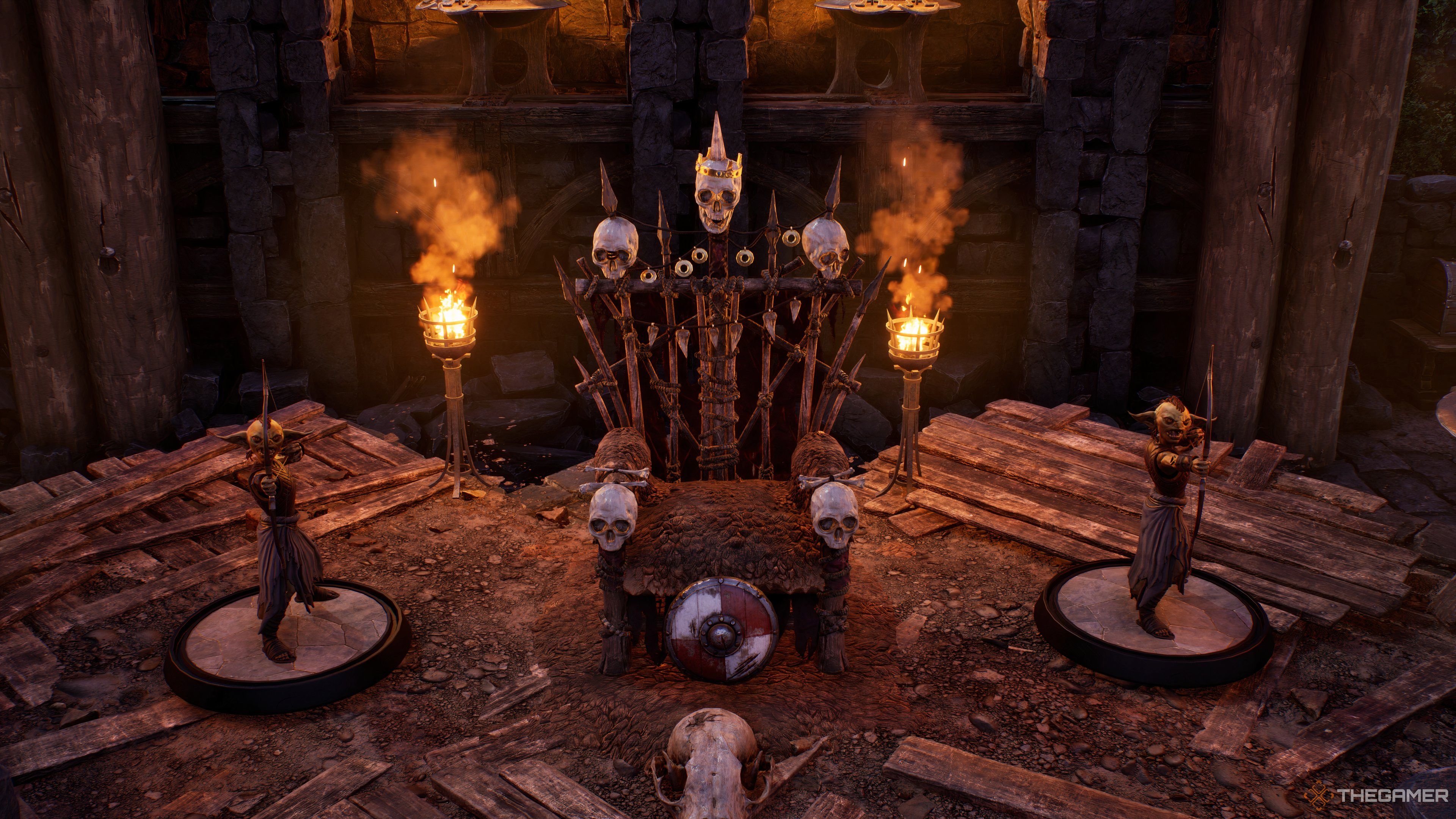 Skull Throne with goblins flanking it, bows raised, in a dungeon. Map in Sigil VTT.