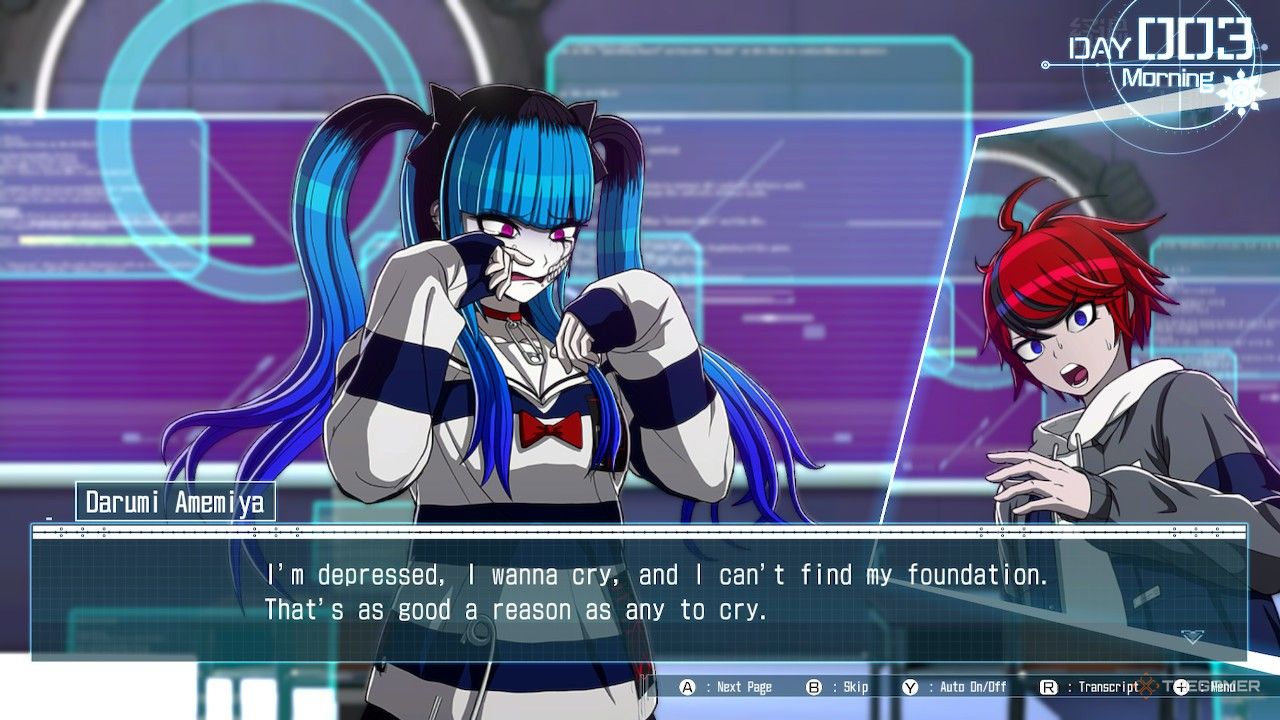 Spending time with Darumi in The Hundred Line Last Defense Academy as she cries about missing foundation and cosmetics.