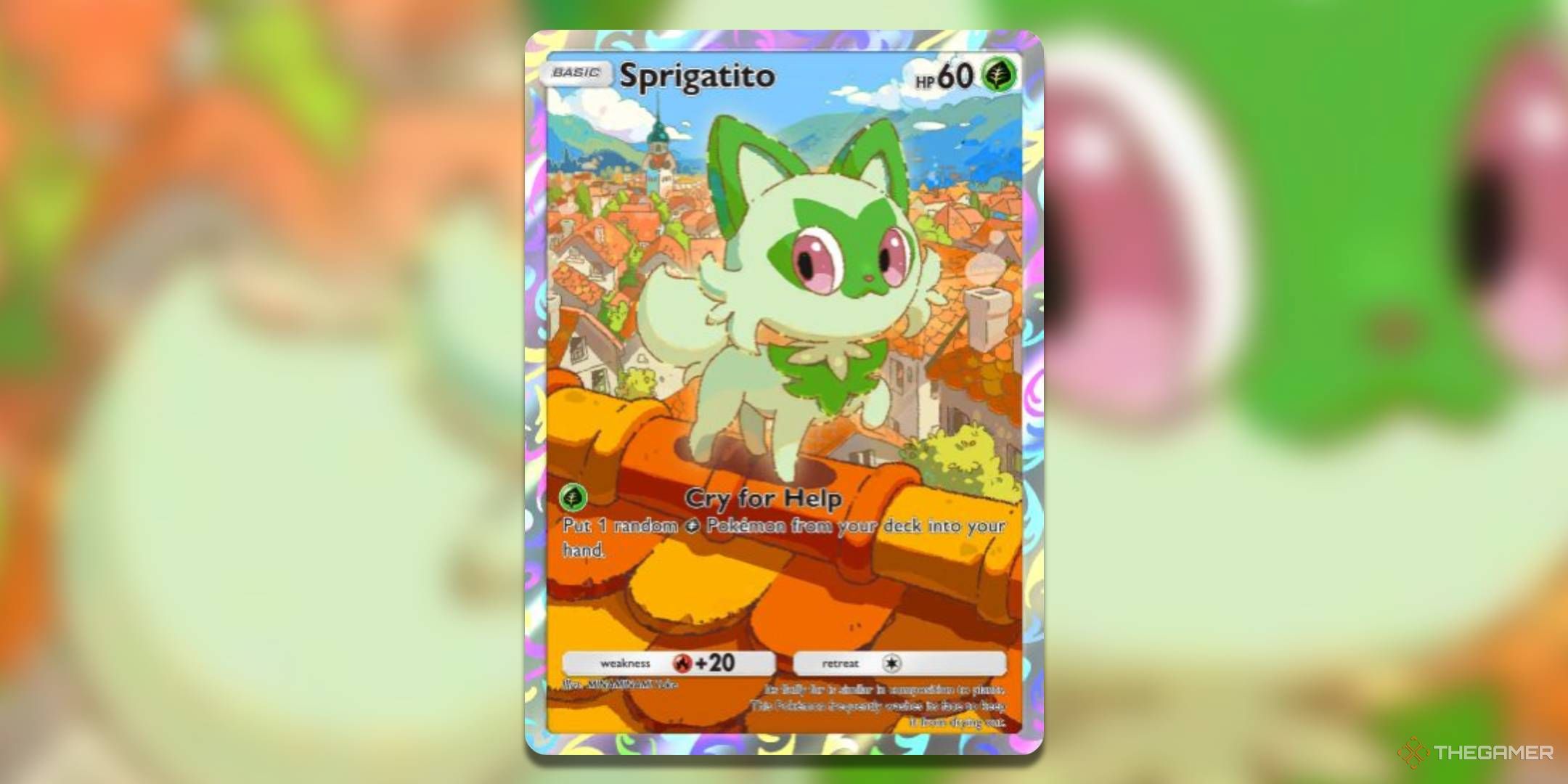 The promotional print of Sprigatito, from Pokemon TCG Pocket.