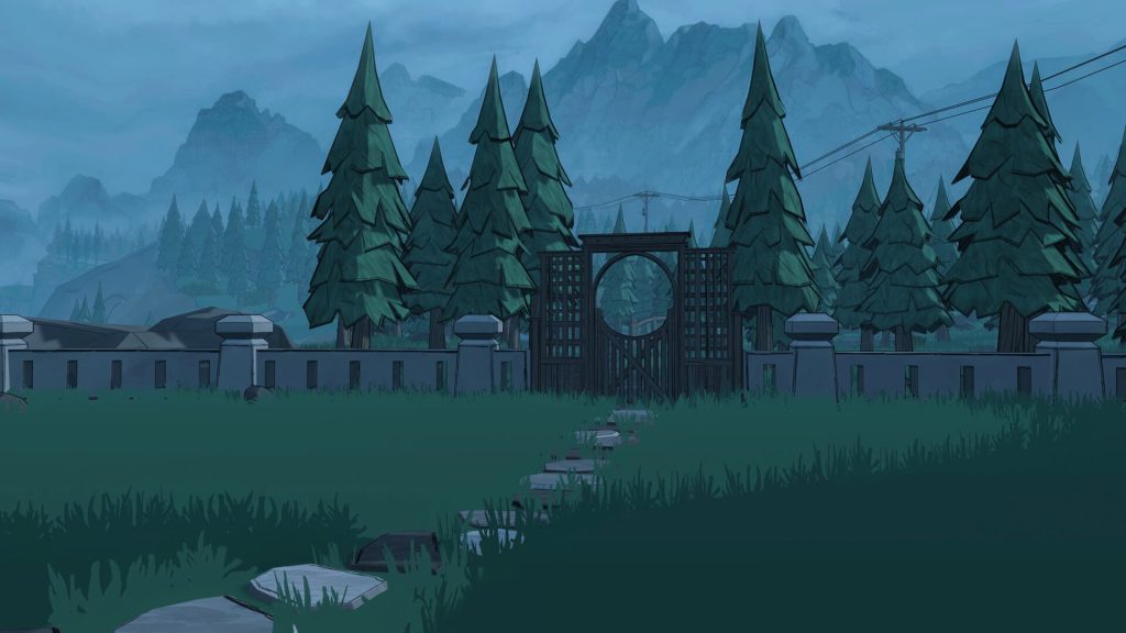An image of an outside area leading to a gate on Mount Holly Manor in Blue Prince 