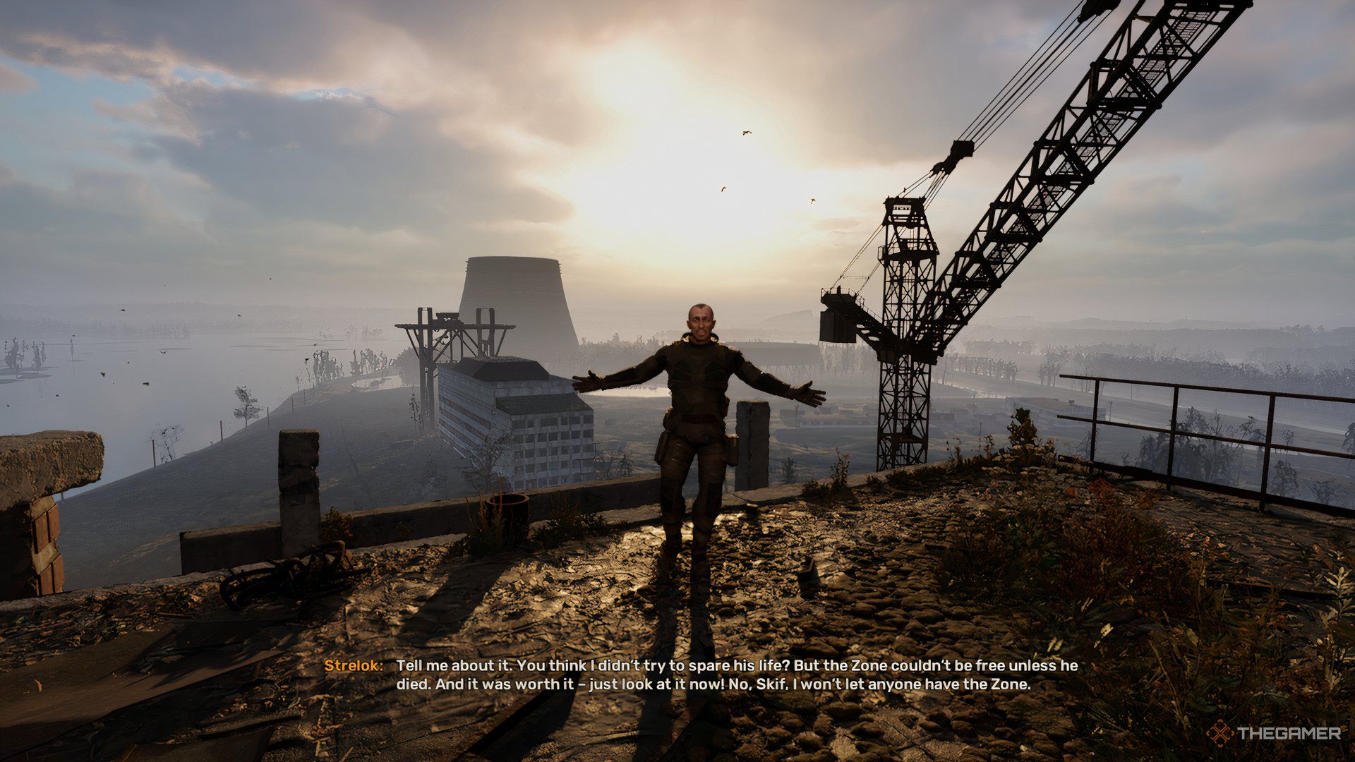 Strelok talking on top of the generators in Stalker 2.