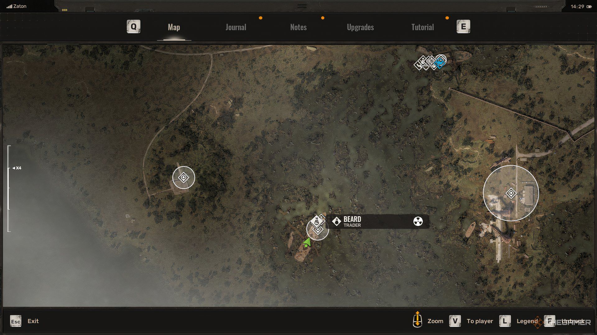Map location of Beard the trader in Zaton in Stalker 2.