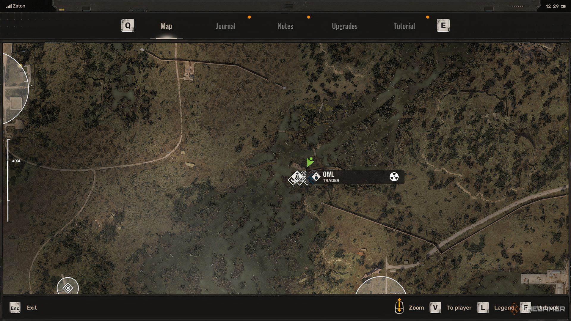 Map location of Owl the trader in Zaton in Stalker 2.