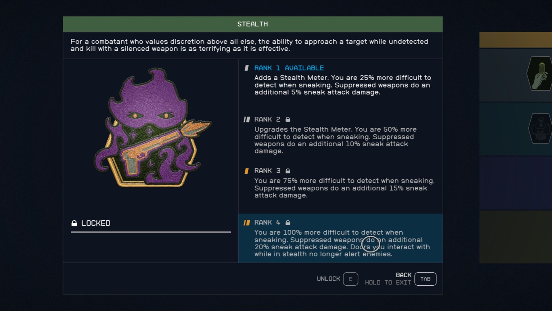 Starfield image of the Stealth skill perk tree pulled up via the tab key