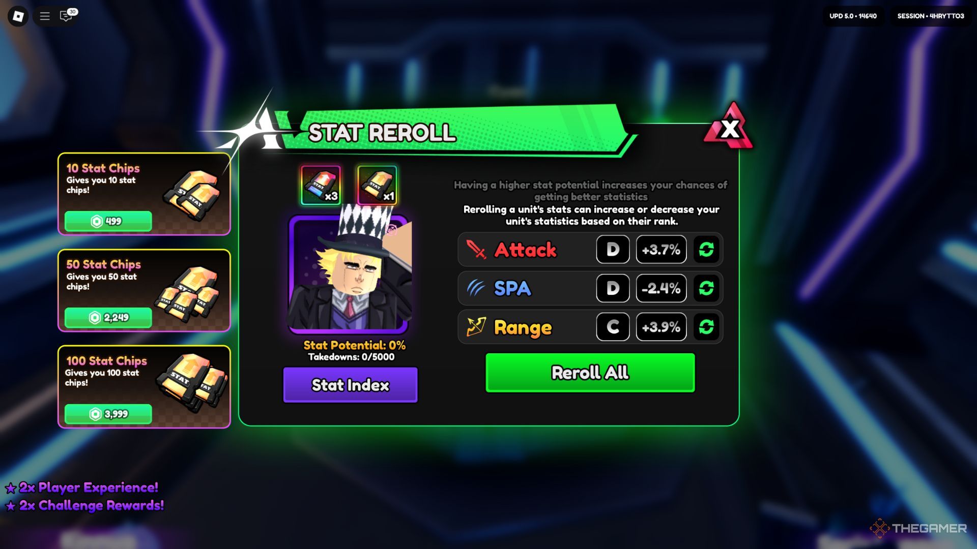 The player character shows the Stat Reroll tab in the Upgrades area in Anime Vanguards.