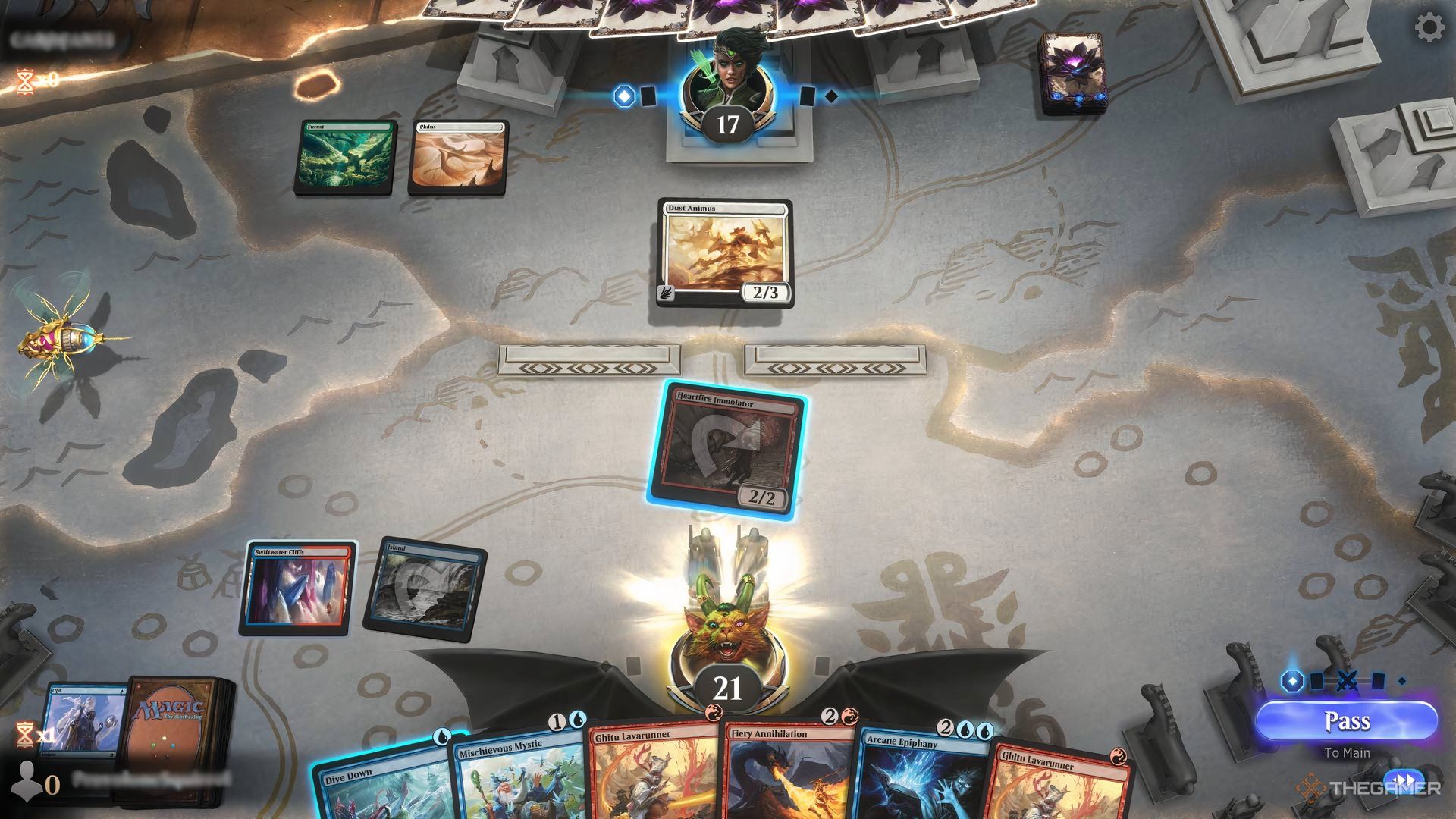 A Magic: The Gathering Arena match featuring red blue spells.