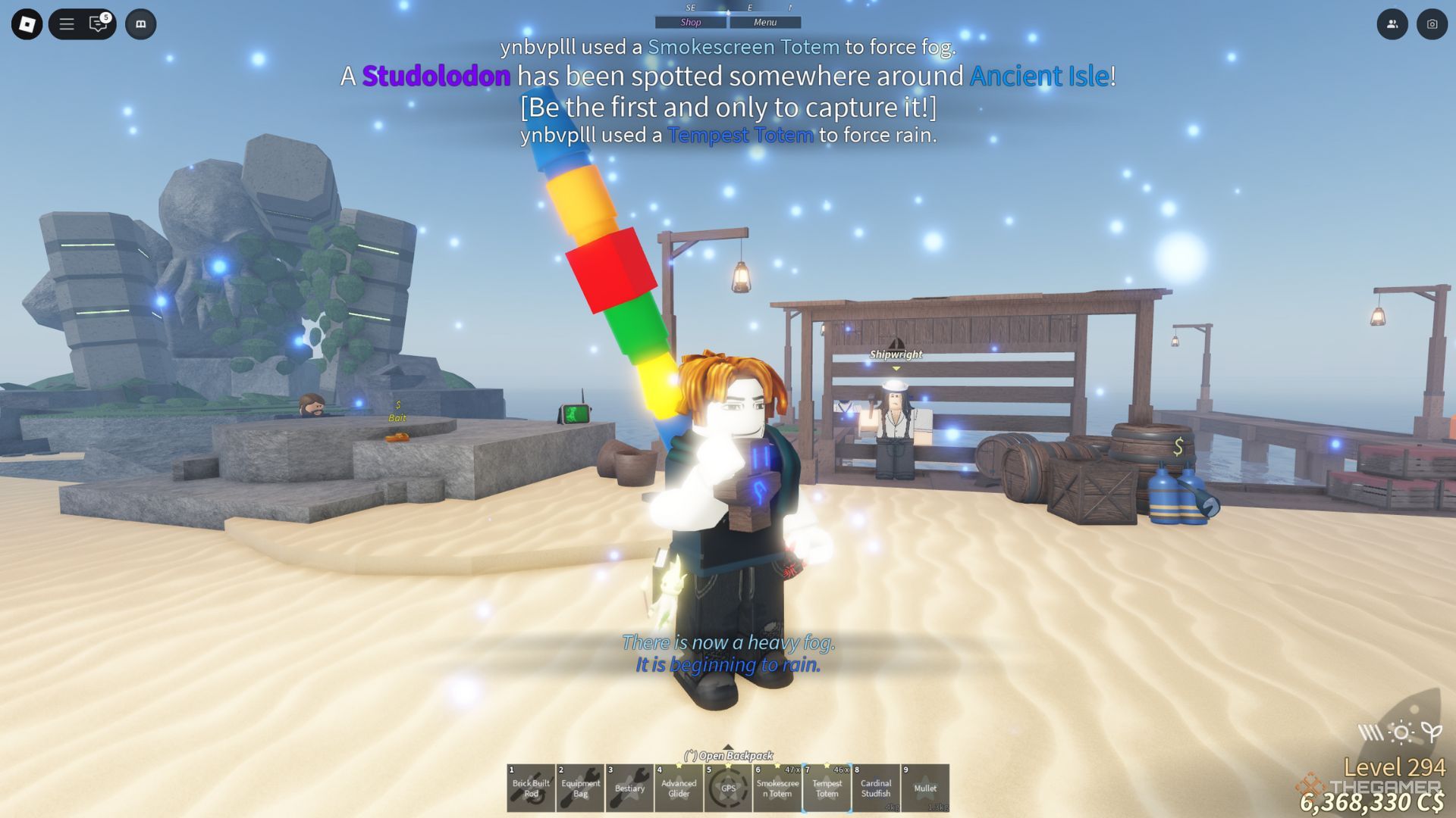 The player character shows the Studolodon Hunt notification near Ancient Isle area in Fisch.