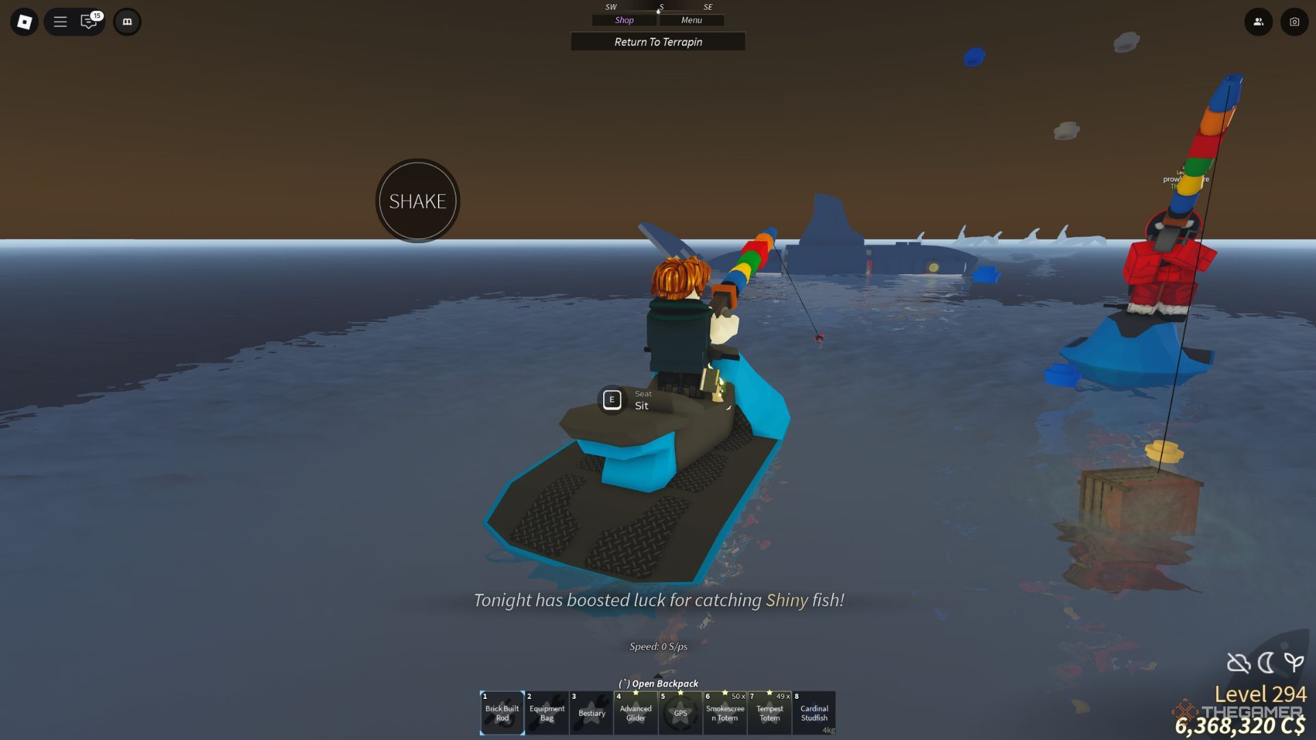 The player character is fishing in the Studolodon Pool in Fisch.