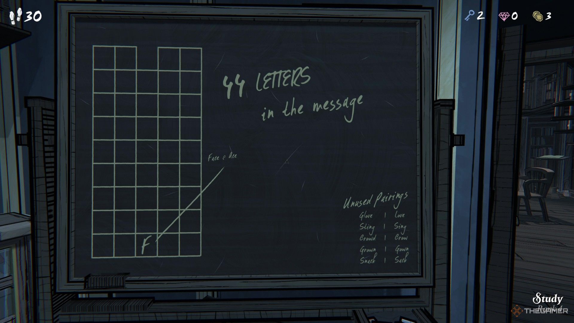 A chalkboard in Blue Prince's Study that reveals the picture puzzle's grid.