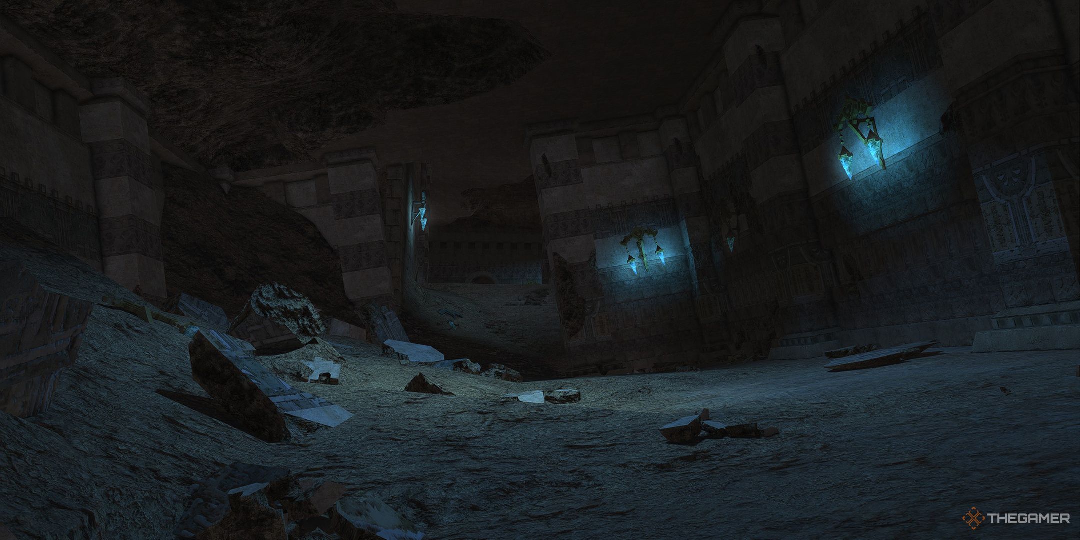 The lopsided ruins of the inside of the Sunken Temple of Qarn in Final Fantasy 14.