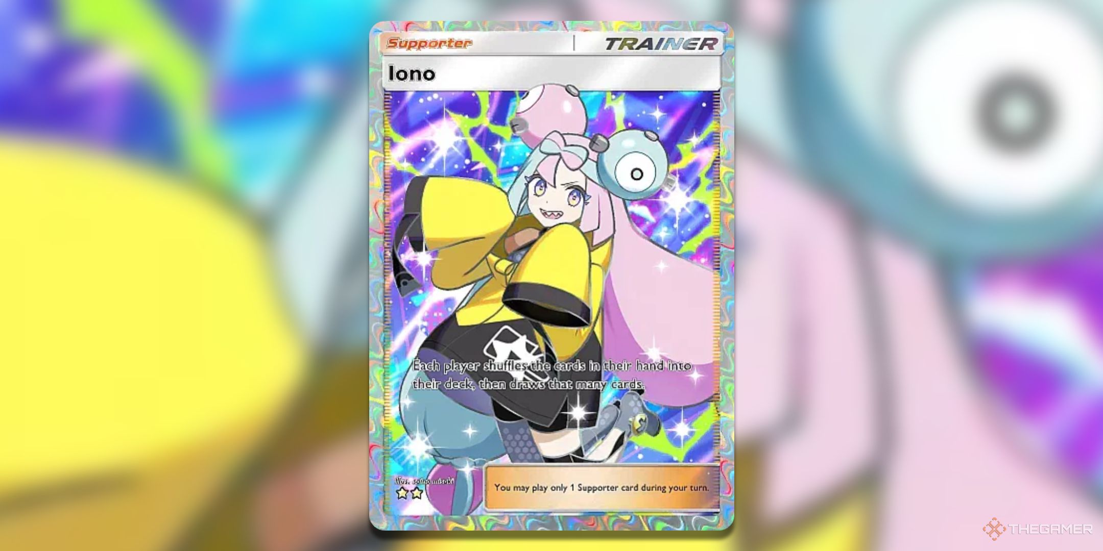Super rare Iono Pokemon TCG Pocket Shining Revelry Card Art.