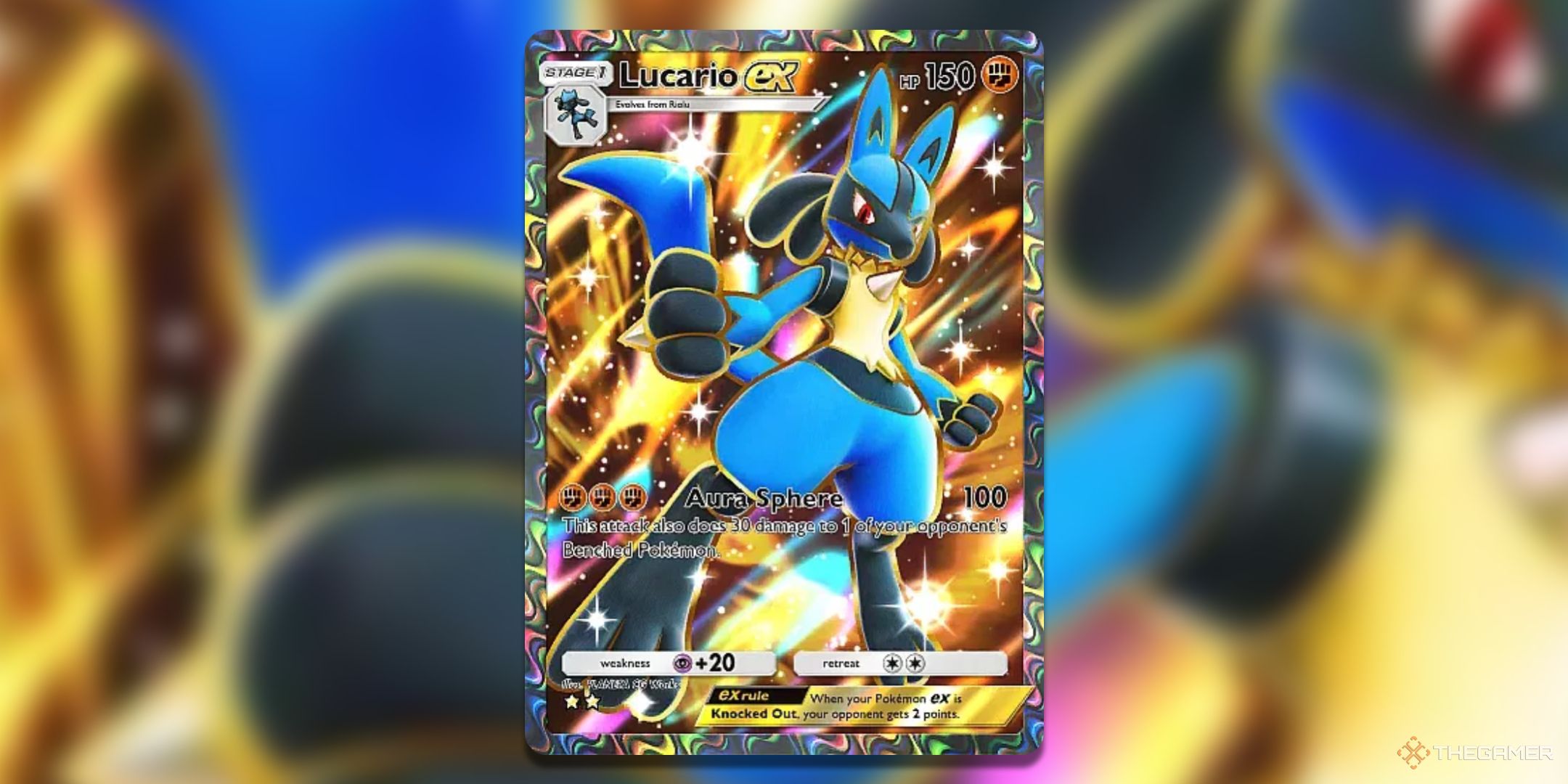Super rare Lucario ex Pokemon TCG Pocket Shining Revelry Card Art.