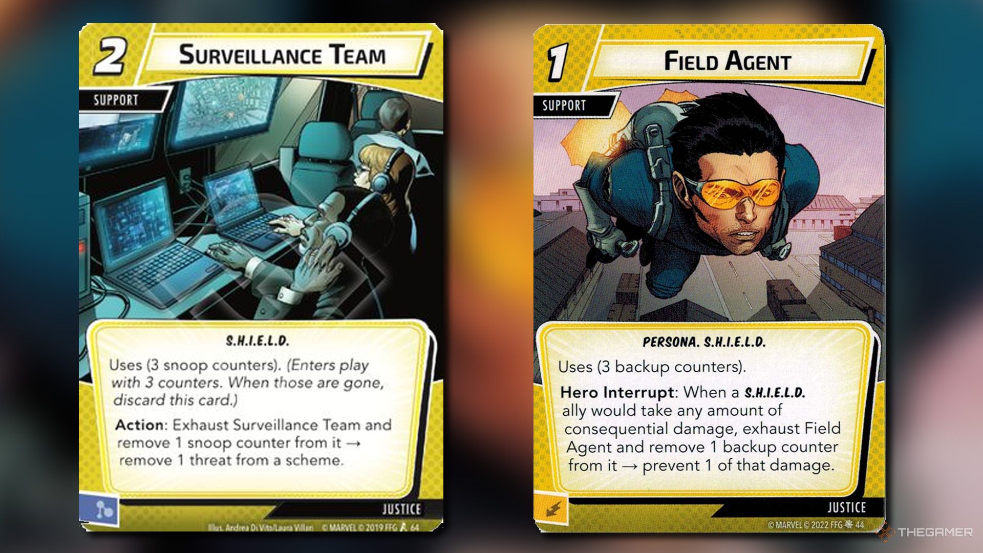 Surveillance Team and Field Agent cards from Marvel Champions.