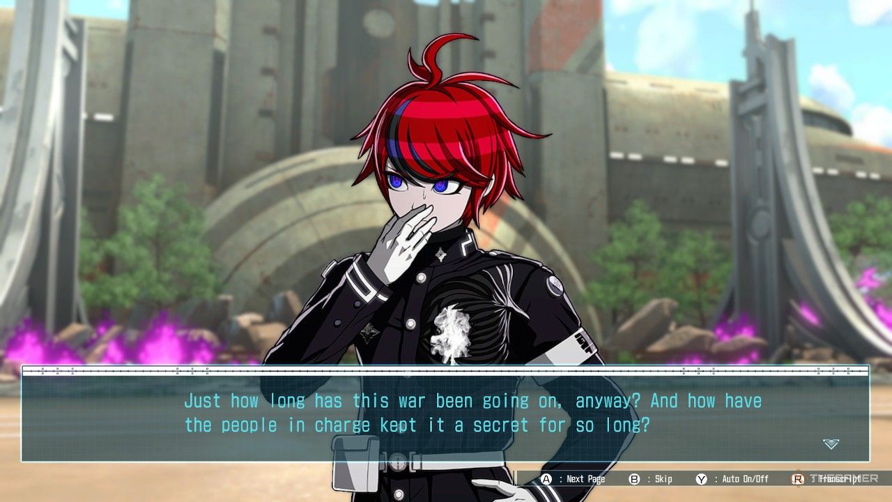 Takumi talking about the war between waves of the day 007 battle in The Hundred Line Last Defense Academy.