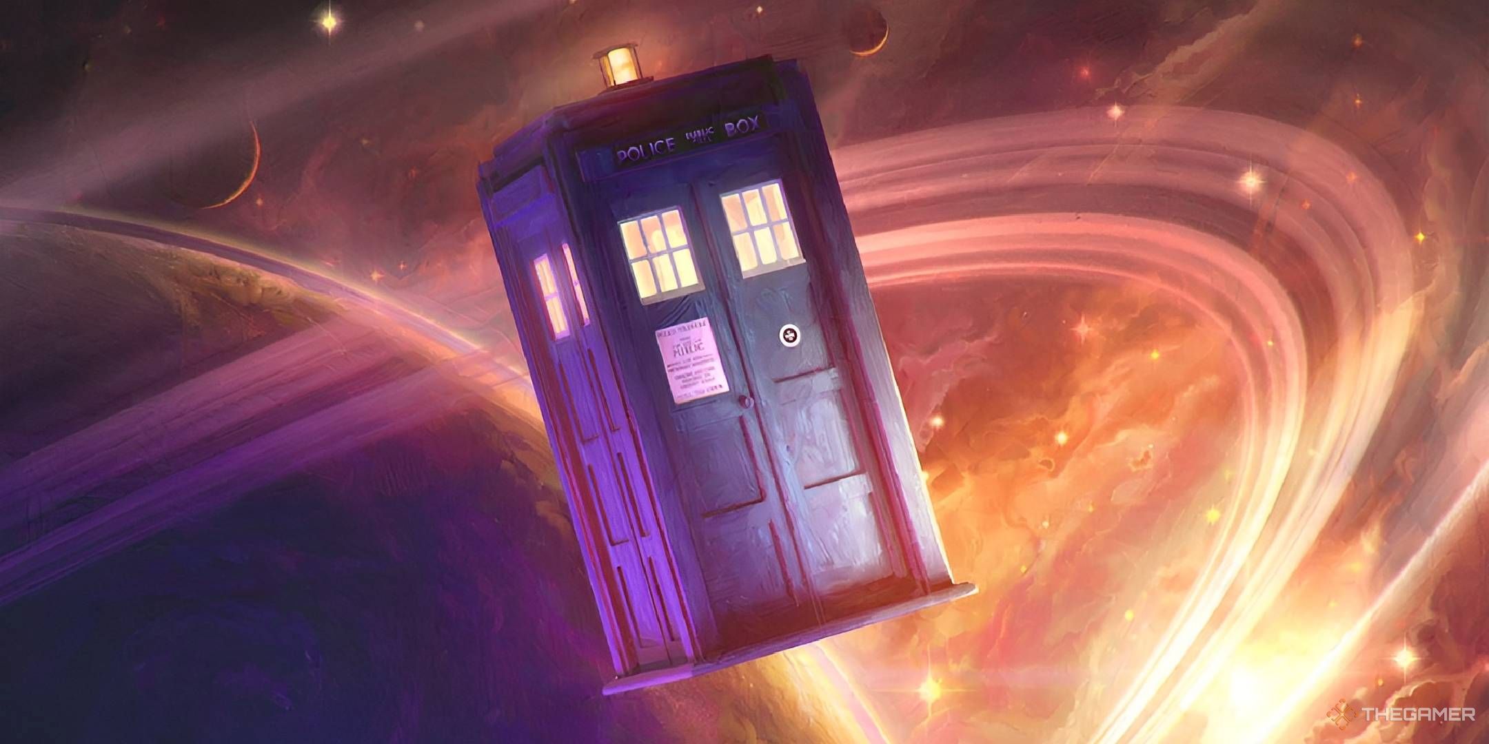 A blue police call box floats past a ringed planet.