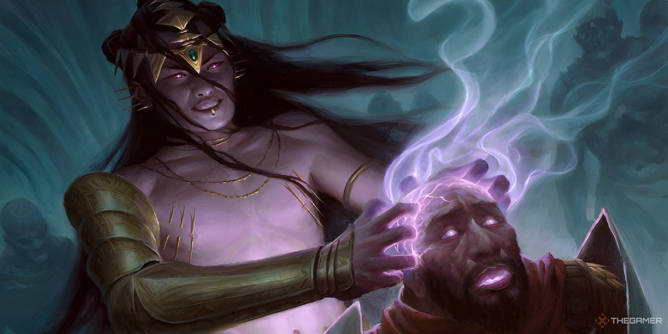 Tasigur digs his fingers into the cranium of a man with glowing purple eyes, mouth, and veins.