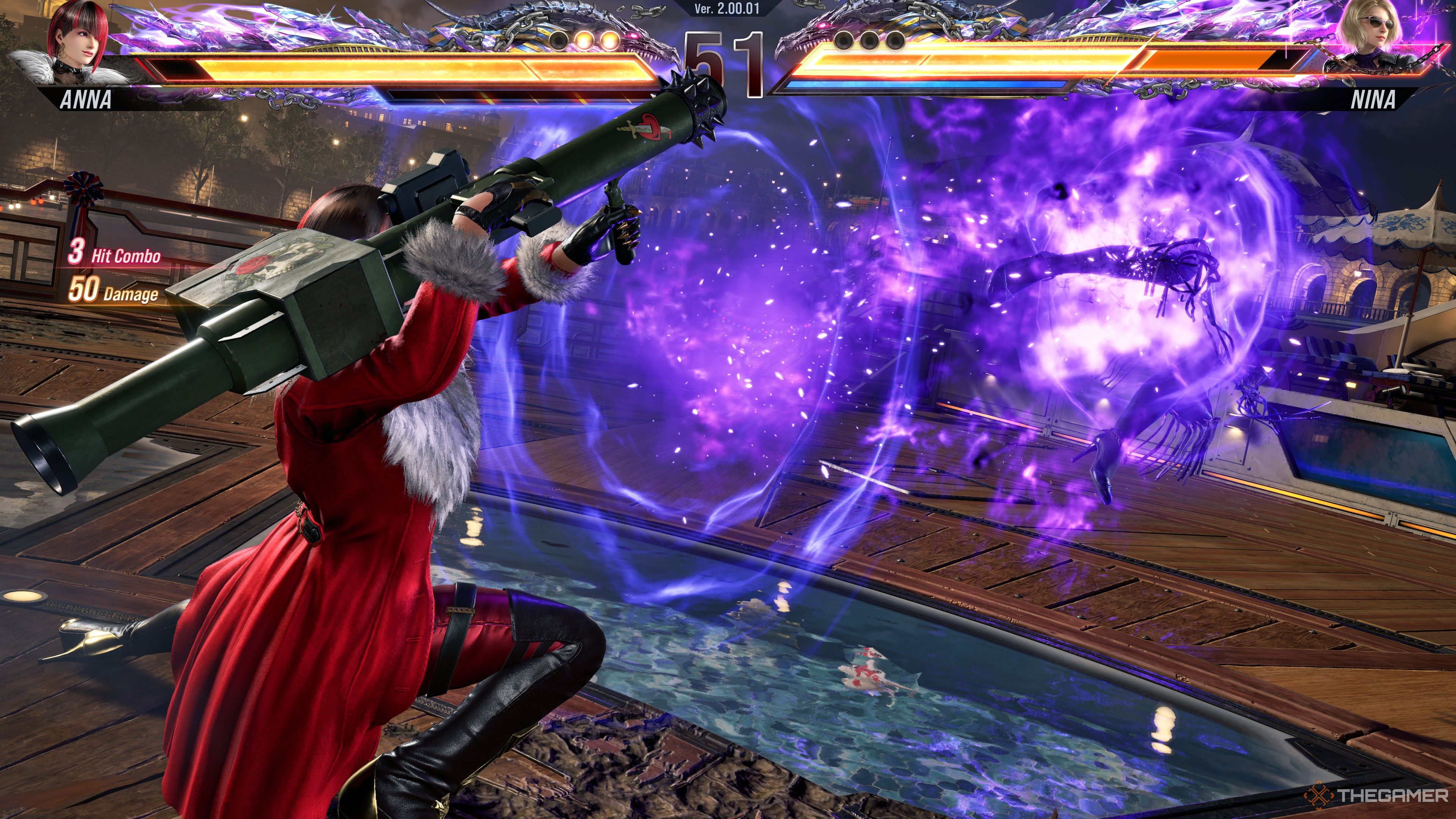 Anna Williams hitting Nina Williams with her Heat Smash, From Éire With Love, culminating with her shooting her with her rocket launcher.
