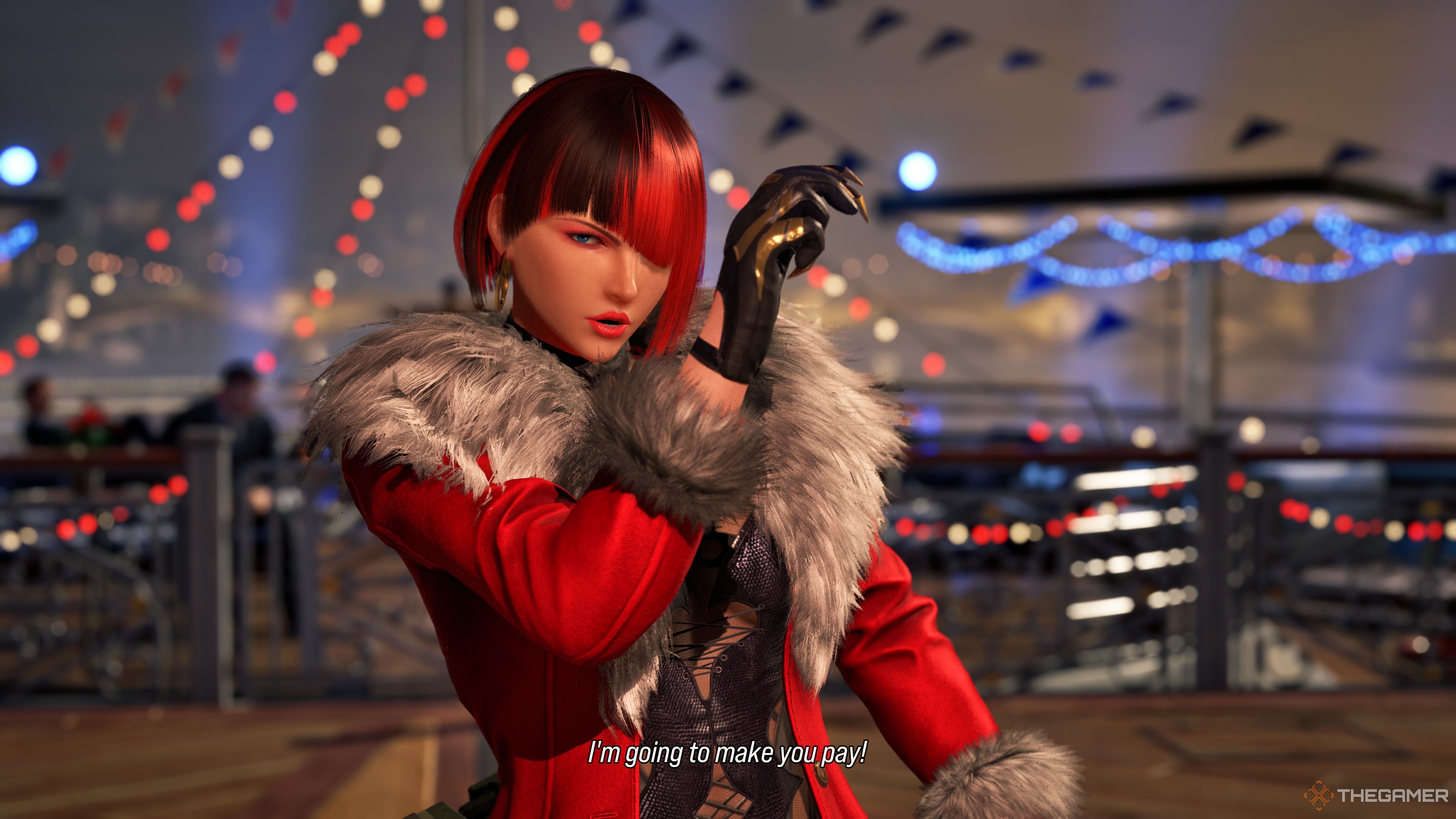 Anna Williams' intro video in Tekken 8, telling Nina "I'm going to make you pay!" as she poses with her right hand raised near her head.