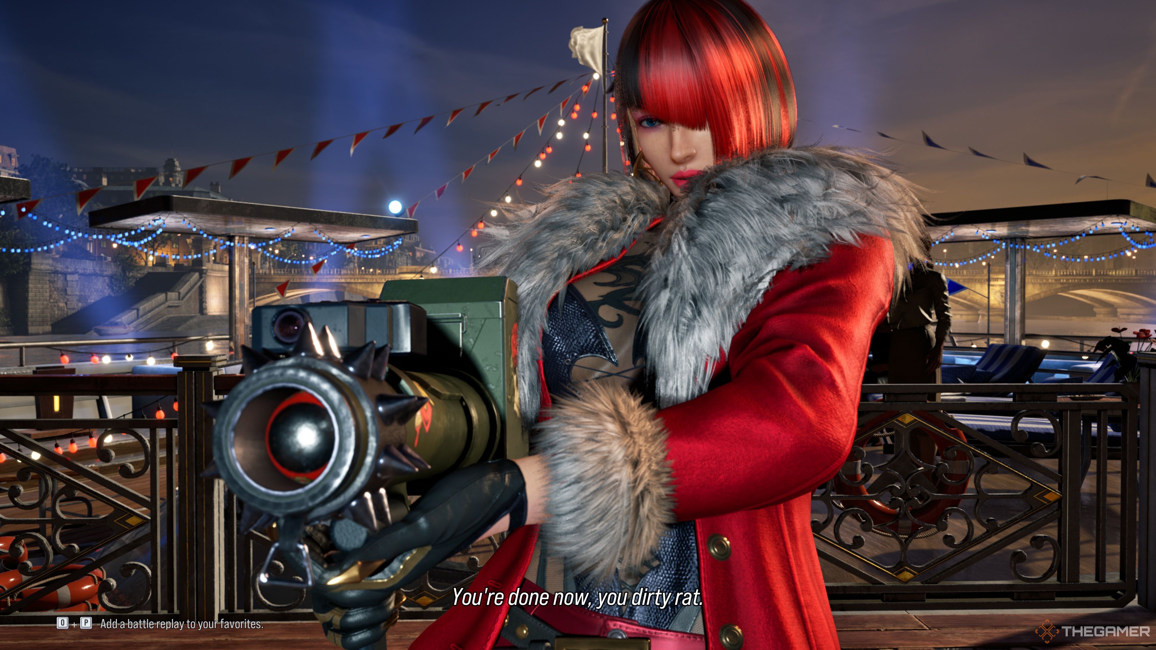 Anna Williams' victory screen after defeating Nina Williams, having her pose with her rocket launcher while saying "You're done now, you dirty rat."