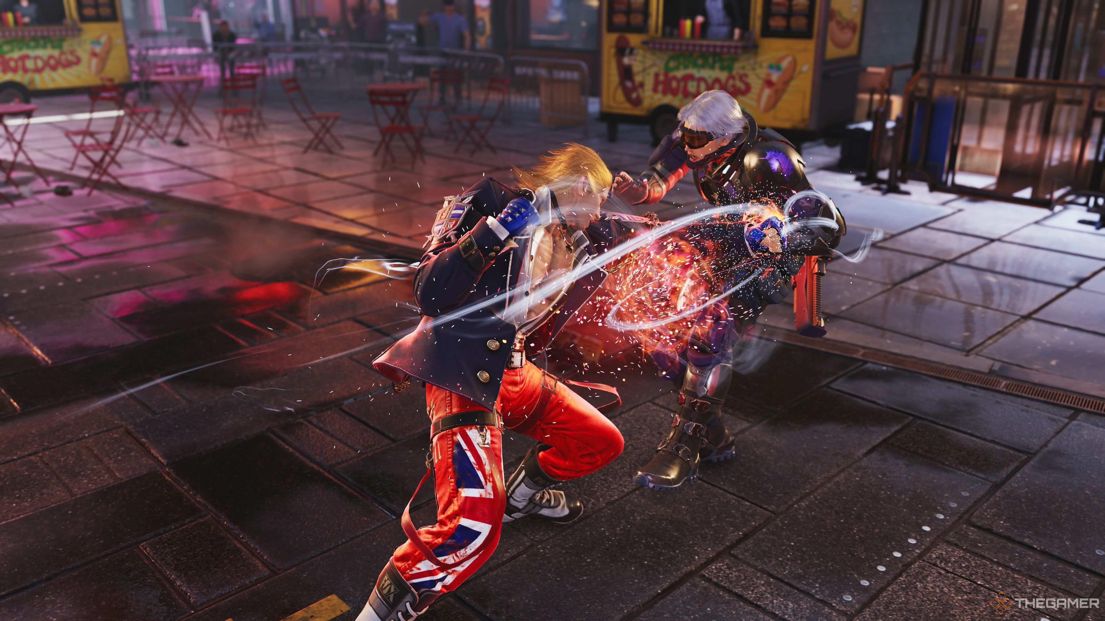 Steve executing his Heat Smash on Lee in Tekken 8.