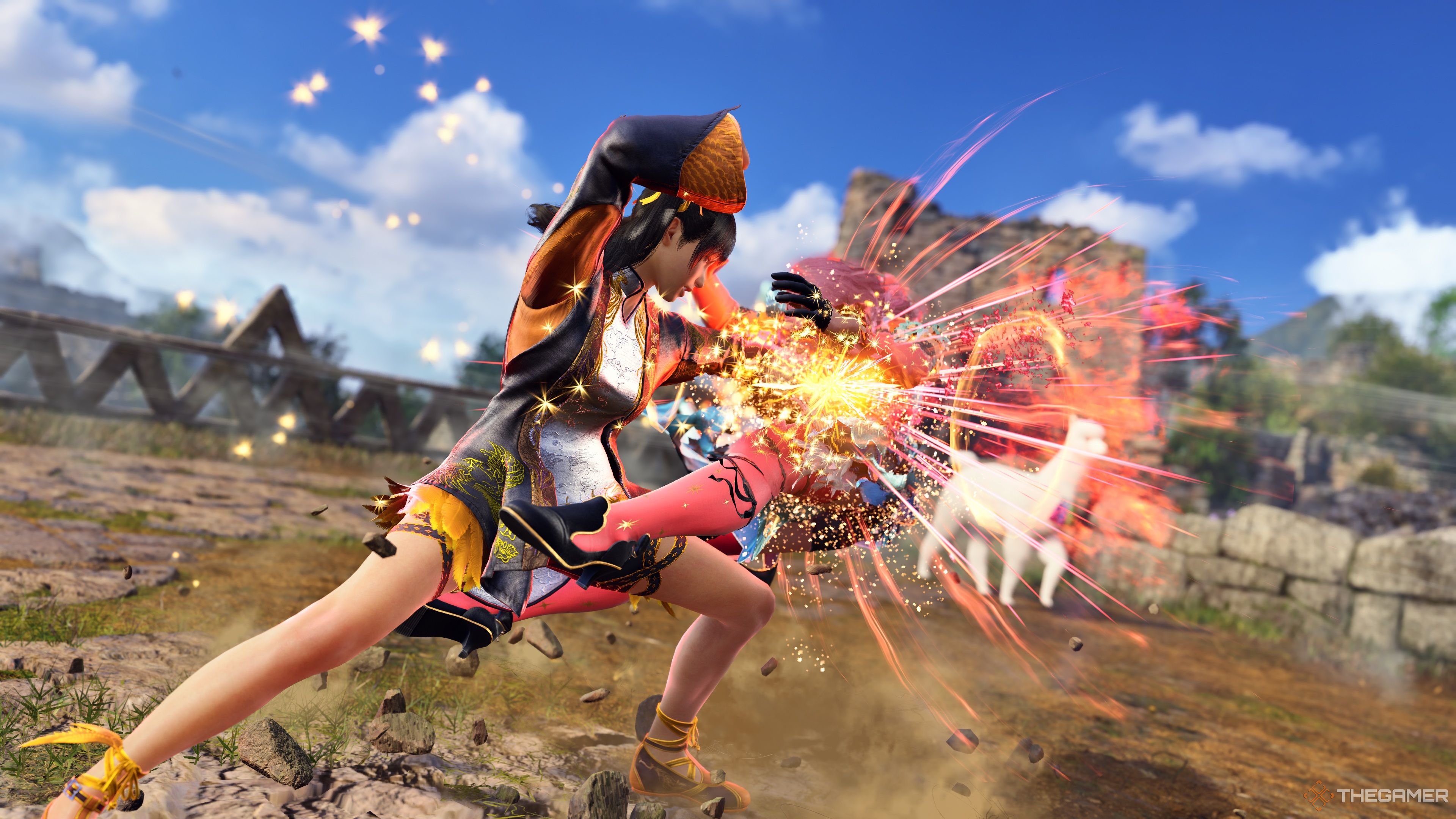 Xiaoyu landing her Heat Smash on Alisa in Tekken 8.