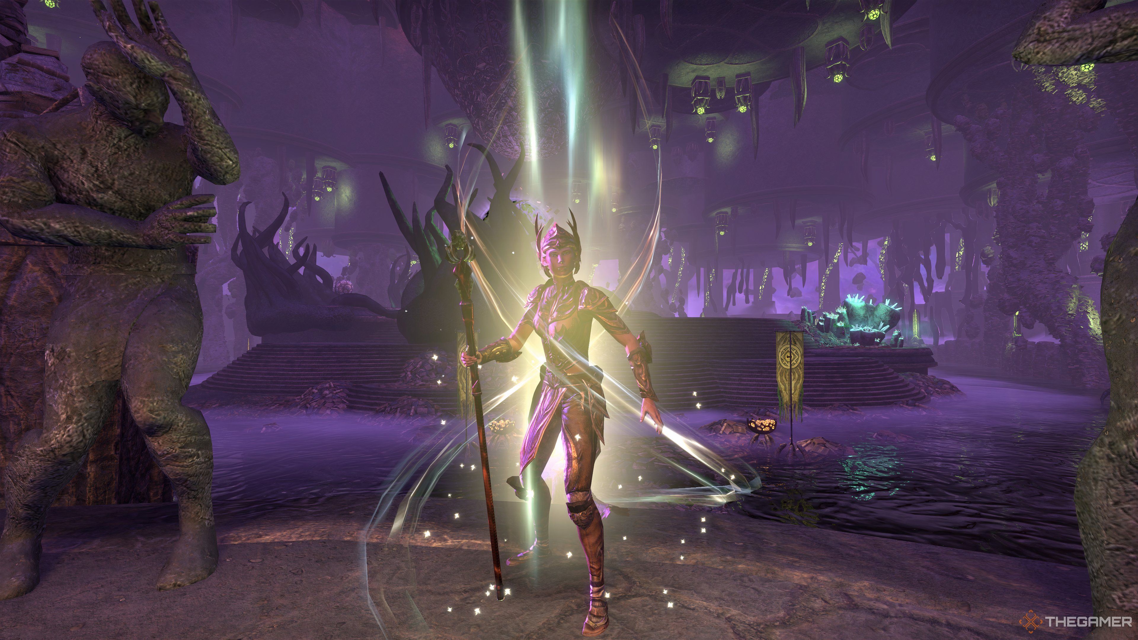 Templar bathed in healing light while holding a restoration staff. Pools of water and eldritch structures are behind her. 