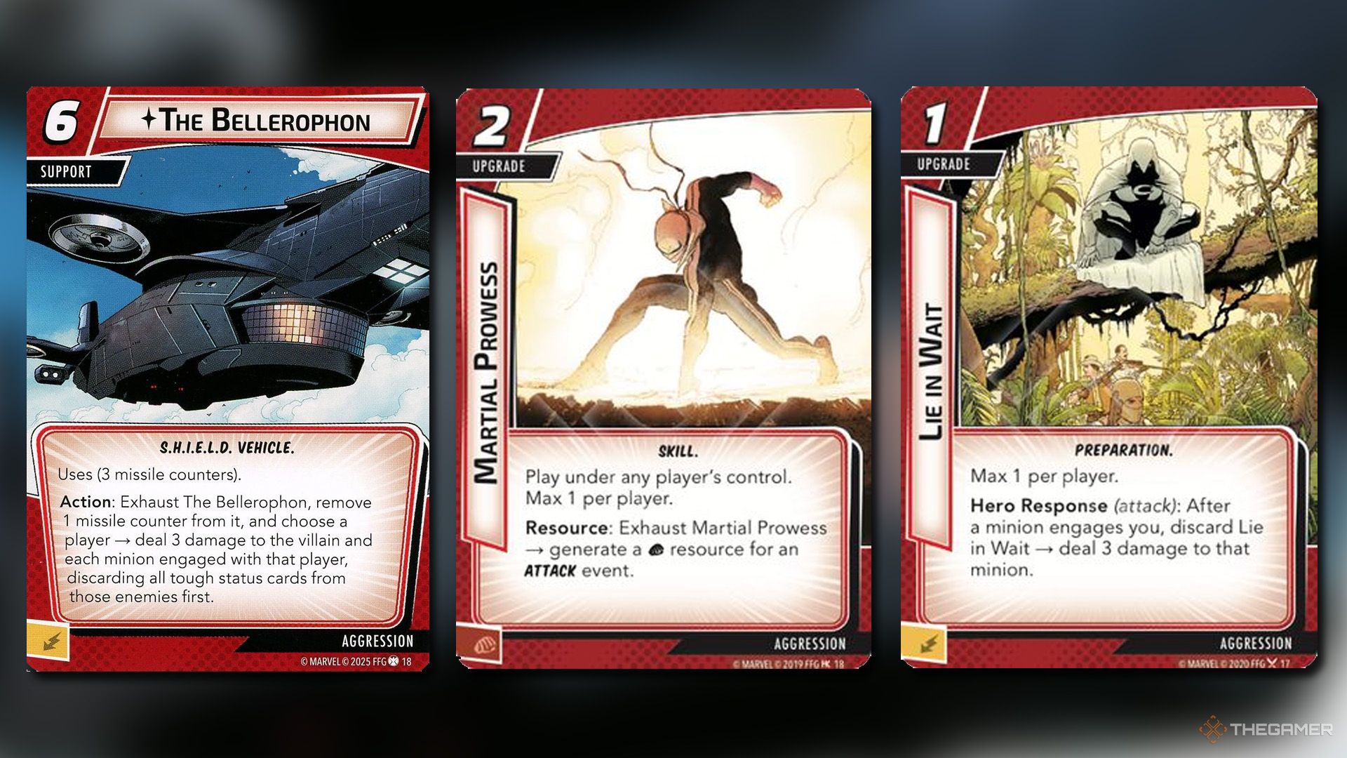 The Bellerophon, Martial Prowess and Lie in Wait cards from Marvel Champions.