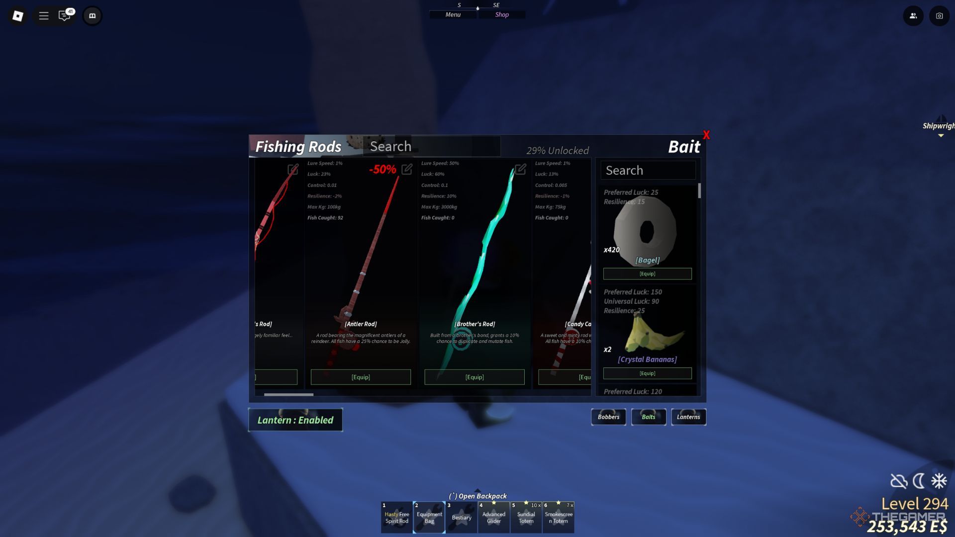 The player character shows the Brother’s Rod in his inventory in Fisch.