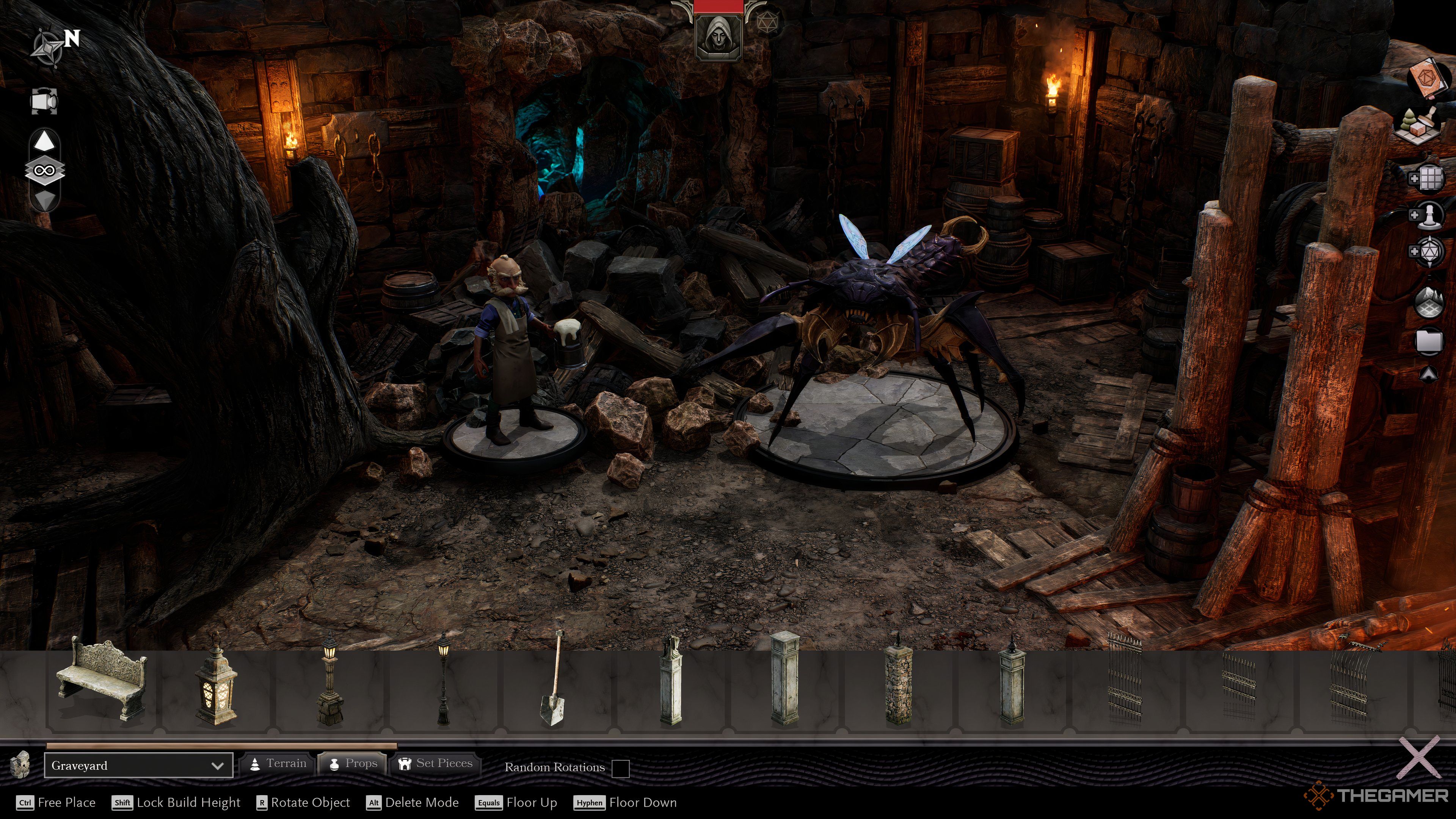 The Cellar of The Bald Boar Inn in Sigil VTT. A halfling barkeeper and a monster stand in front of rubble.