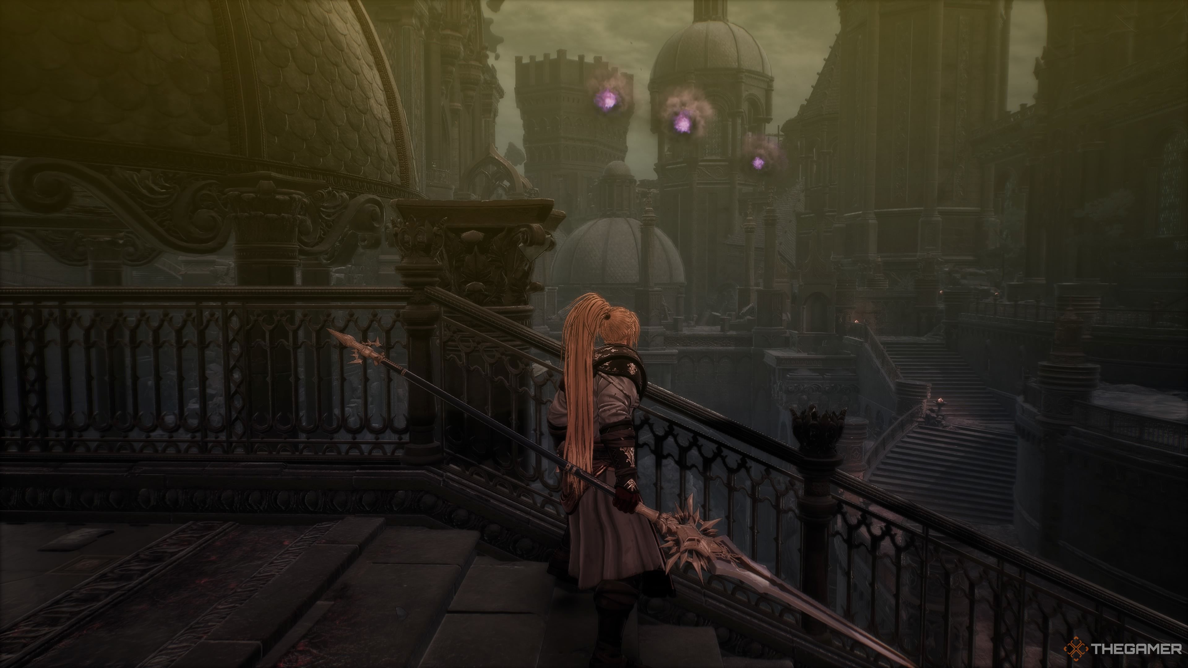 The chaos projectile raining down in the first courtyard area in the Master Of Chaos mission of The First Berserker Khazan.