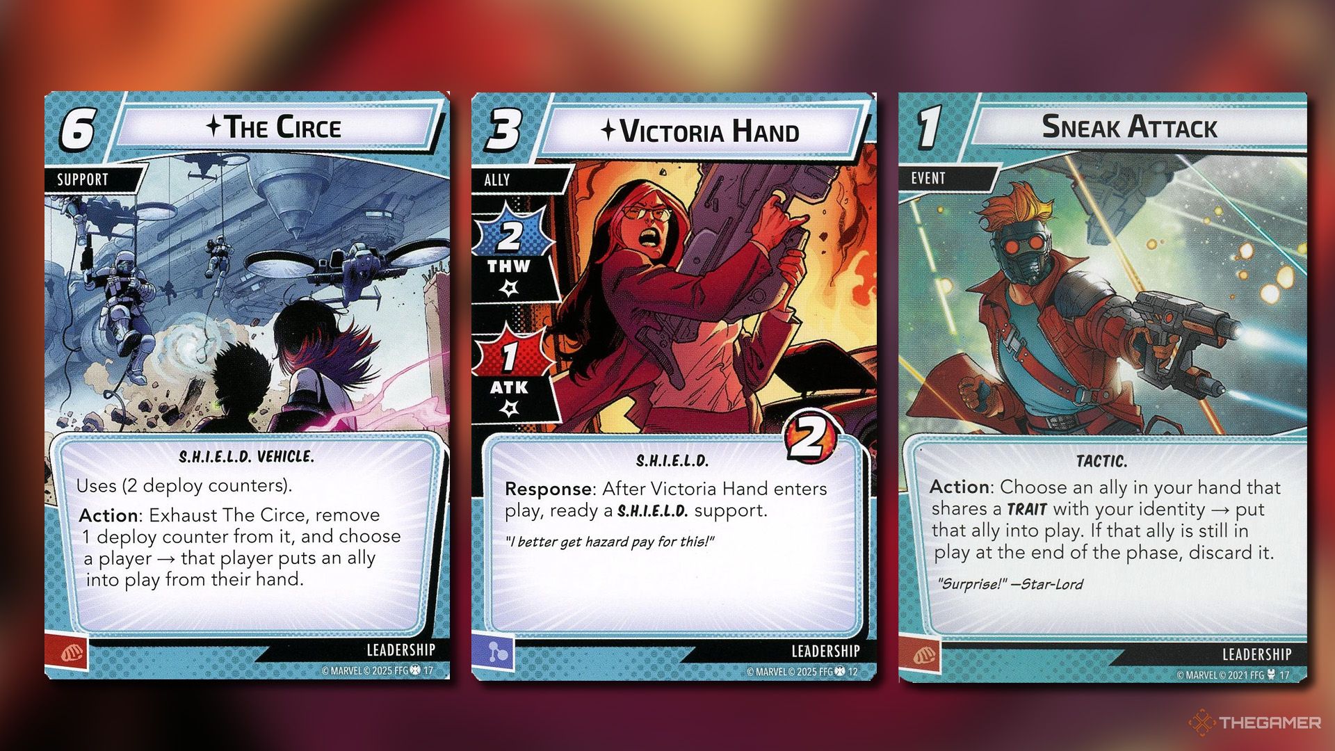 The Circe, Victoria Hand and Sneak Attack cards from Marvel Champions.