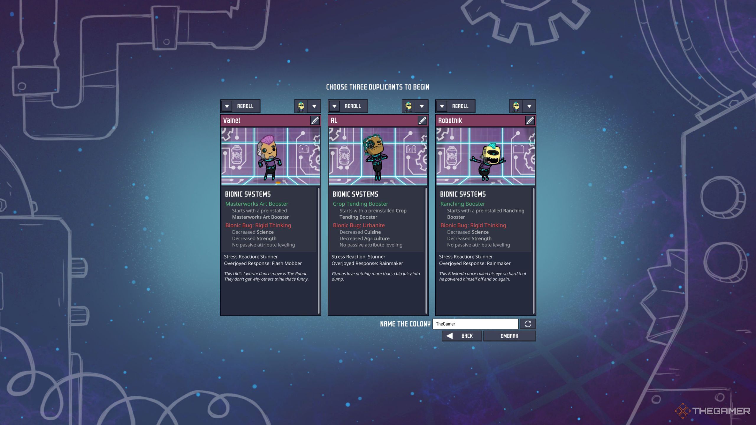 The duplicant select screen for a new game of Oxygen Not Included where each one is bionic.
