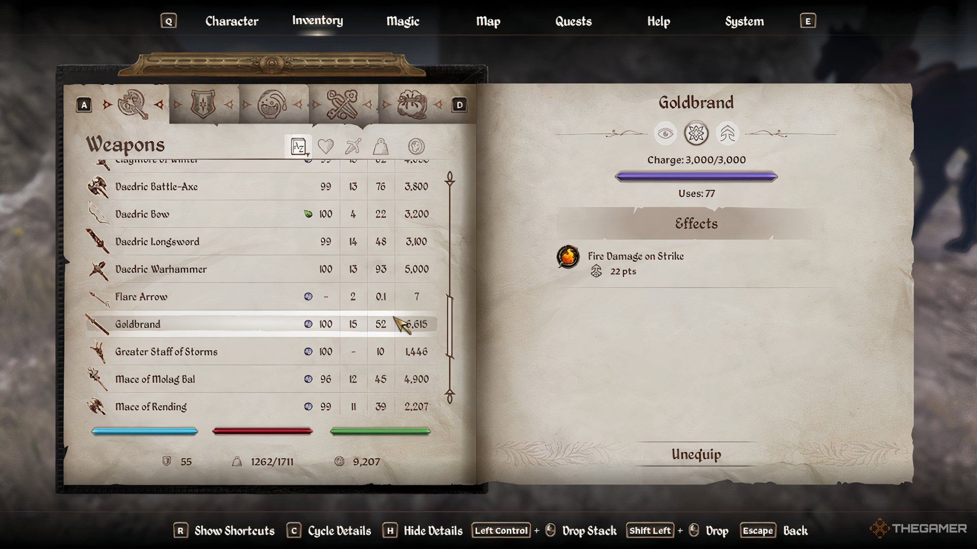 The Goldbrand Daedric weapon in The Elder Scrolls IV Oblivion Remastered.