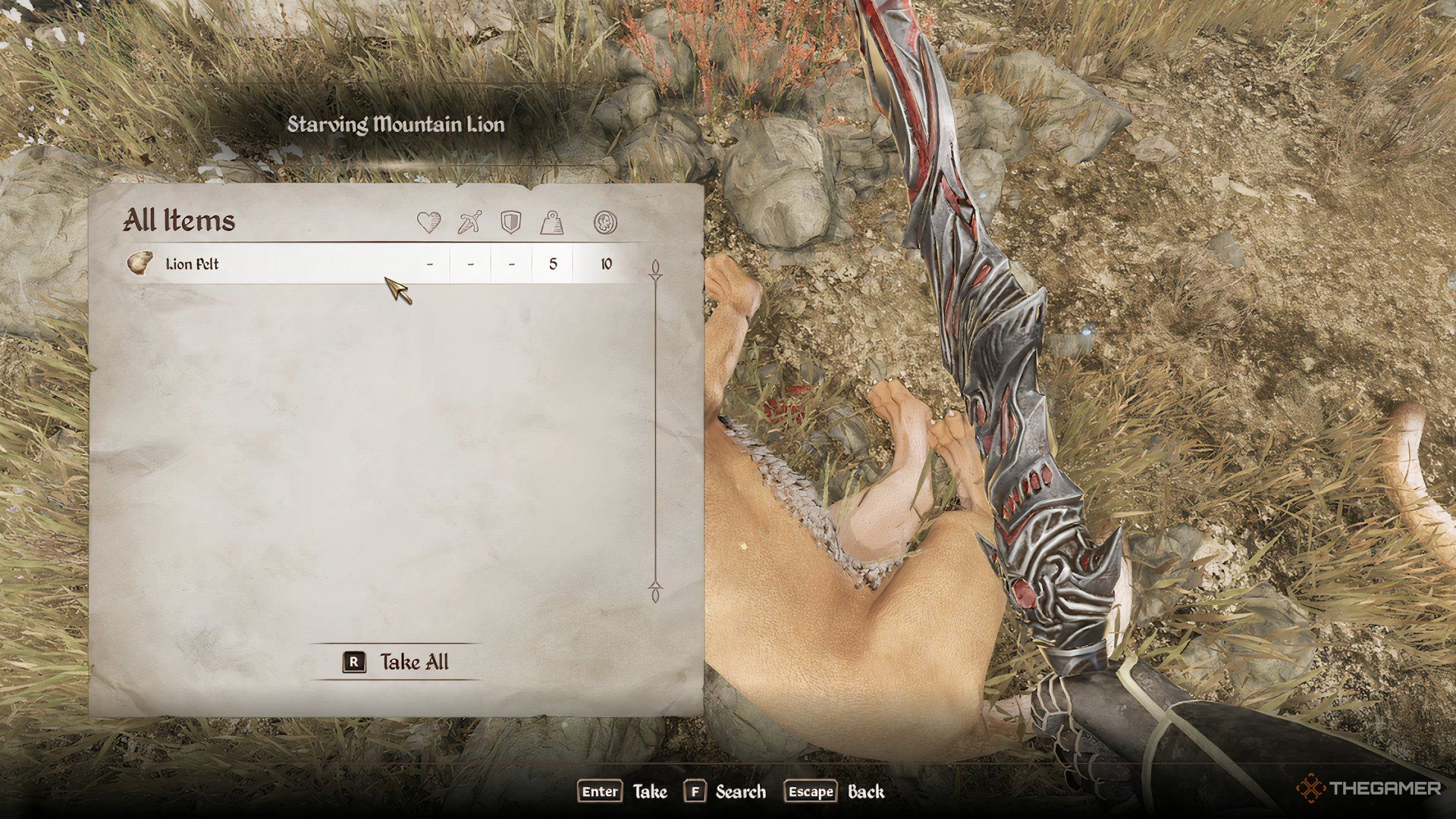 Looting a lion pelt in The Elder Scrolls IV Oblivion Remastered.