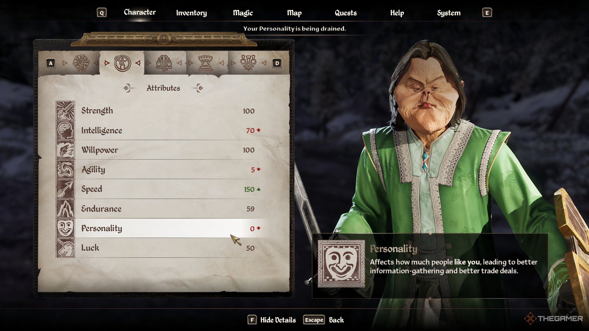 Lowering the Personality attribute in The Elder Scrolls IV Oblivion Remastered.