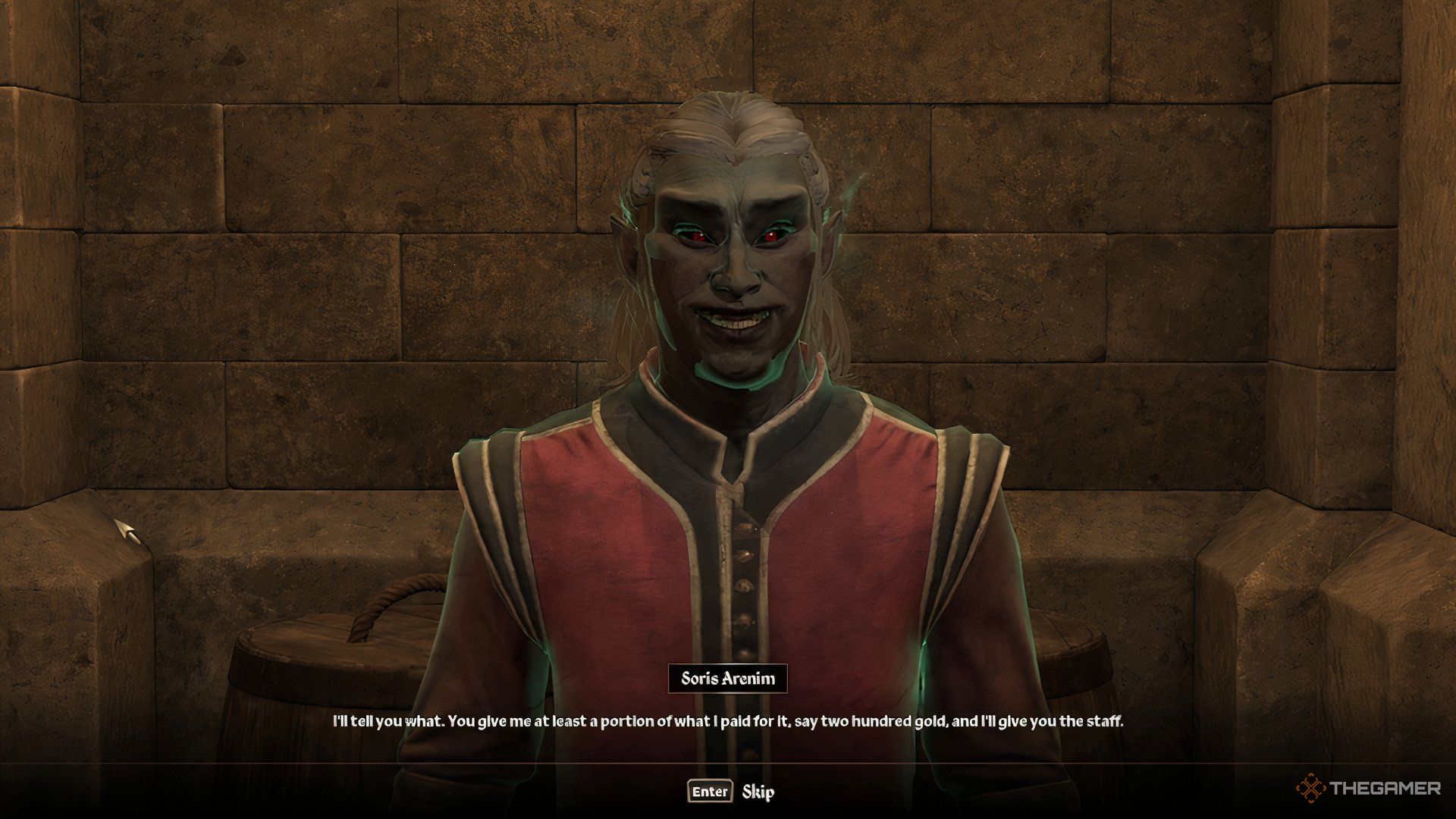 Soris Arenim asking for 200 gold in The Elder Scrolls IV Oblivion Remastered.