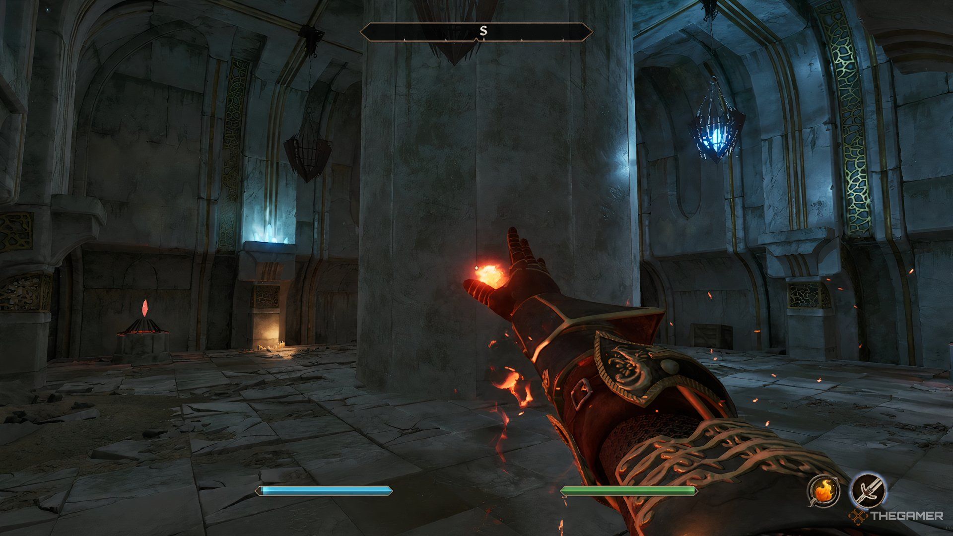 Casting a fire spell at the pillar in Vahtacen in The Elder Scrolls IV Oblivion Remastered.