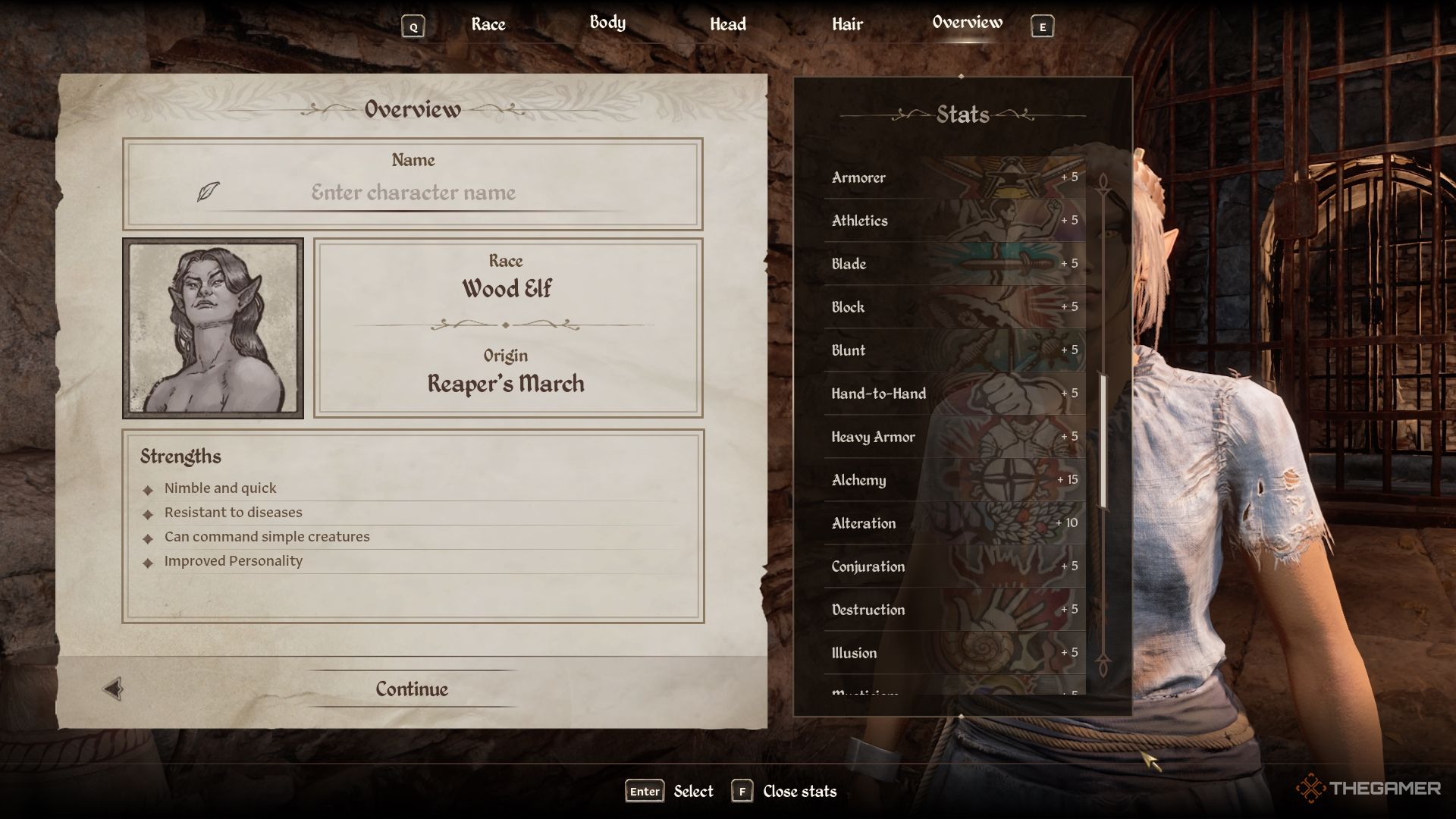 The Elder Scrolls IV Oblivion Remastered Wood Elf stats in the character creator.