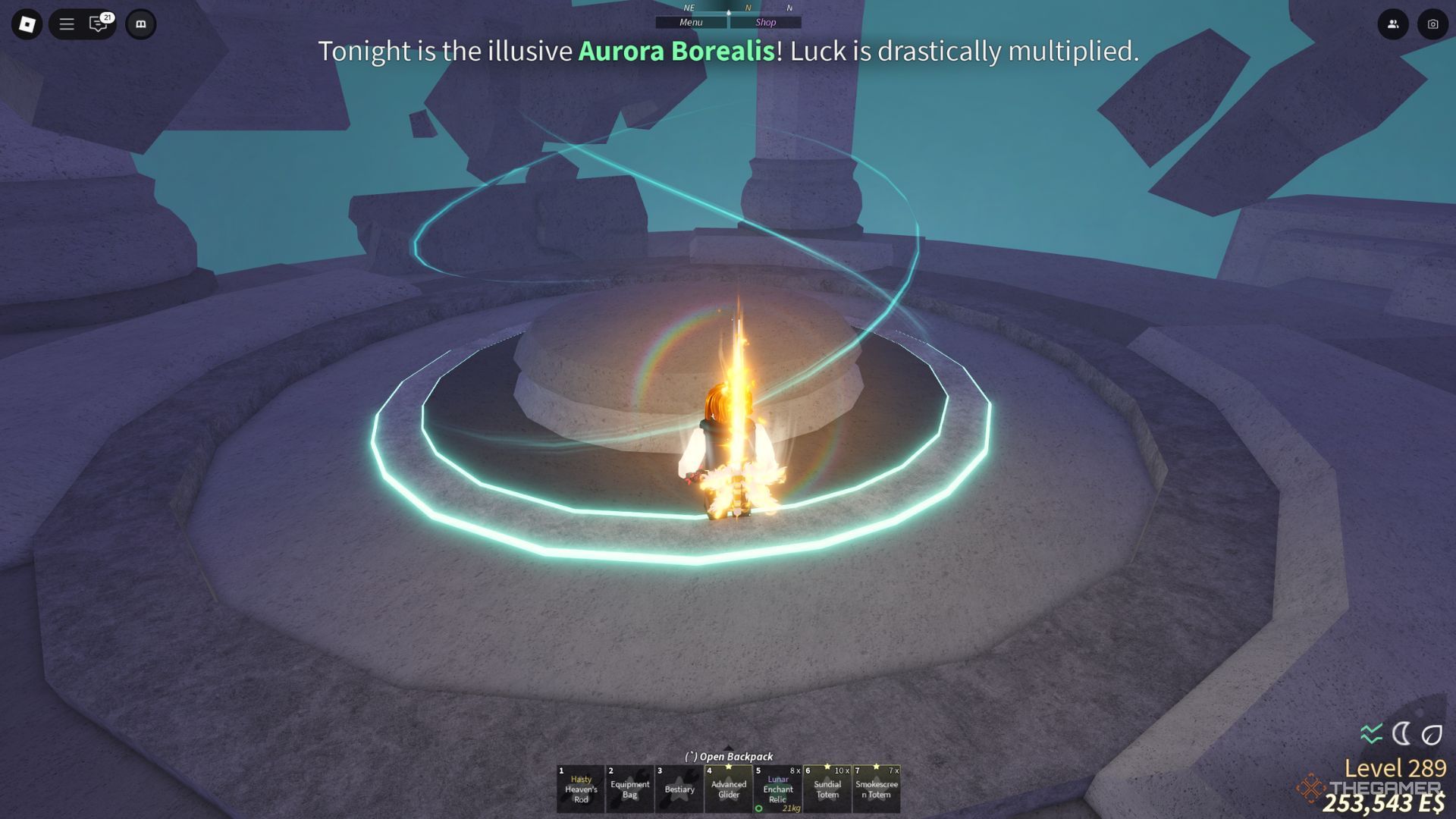 The player character shows the Enchant Altar on the Lushgrove area in the Second Sea location in Fisch.