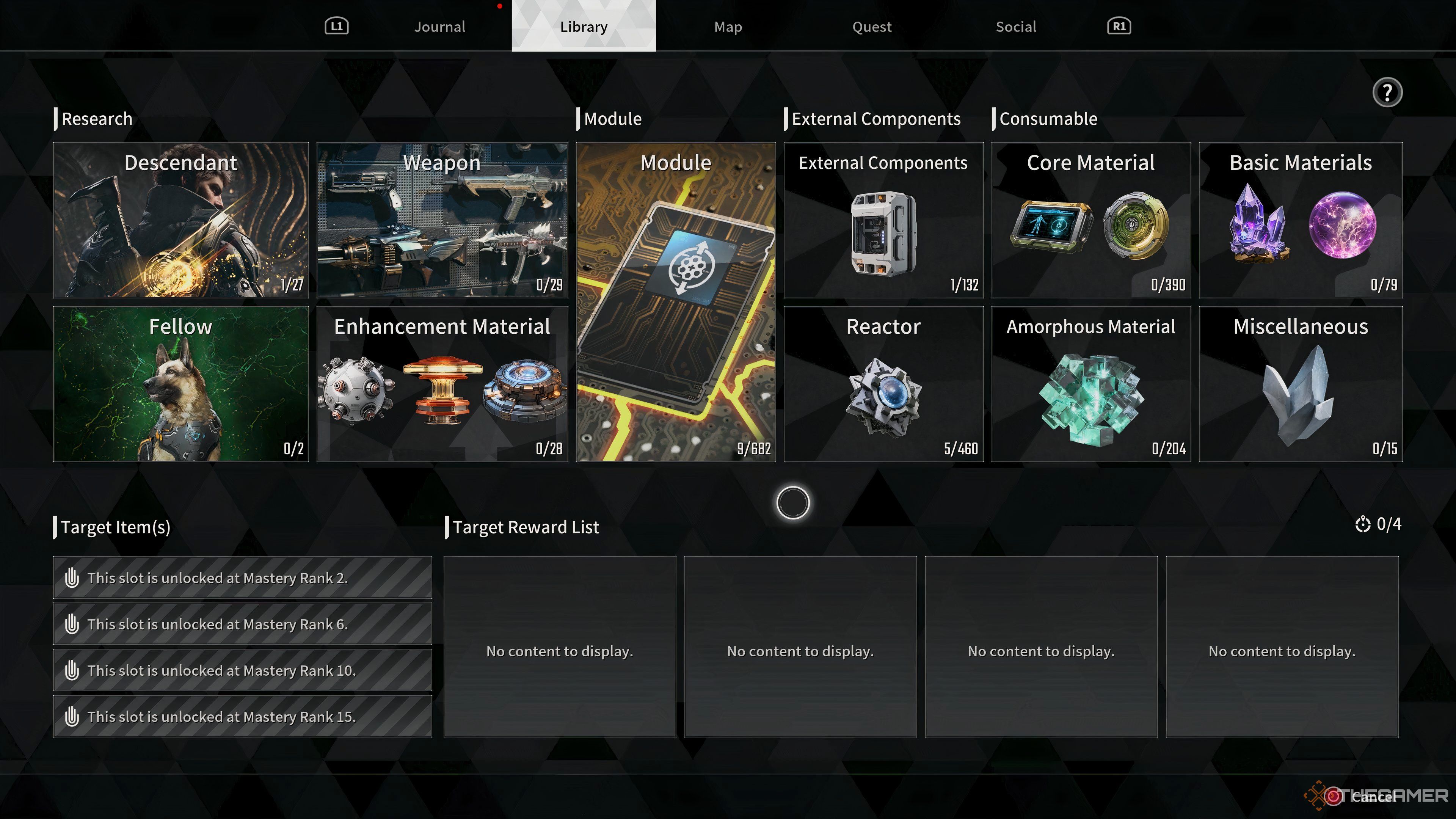 The First Descendant Library tab in pause menu modules materials.