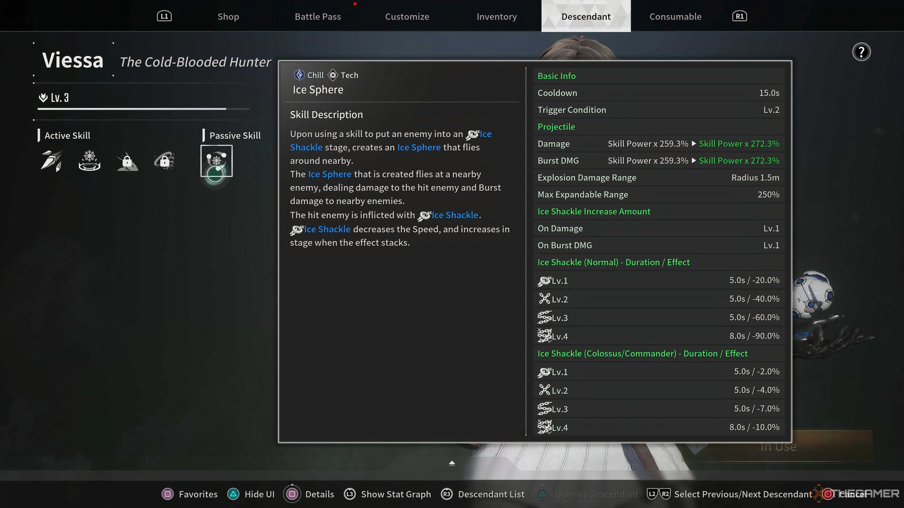 The First Descendant Viessa skills menu Ice Sphere.