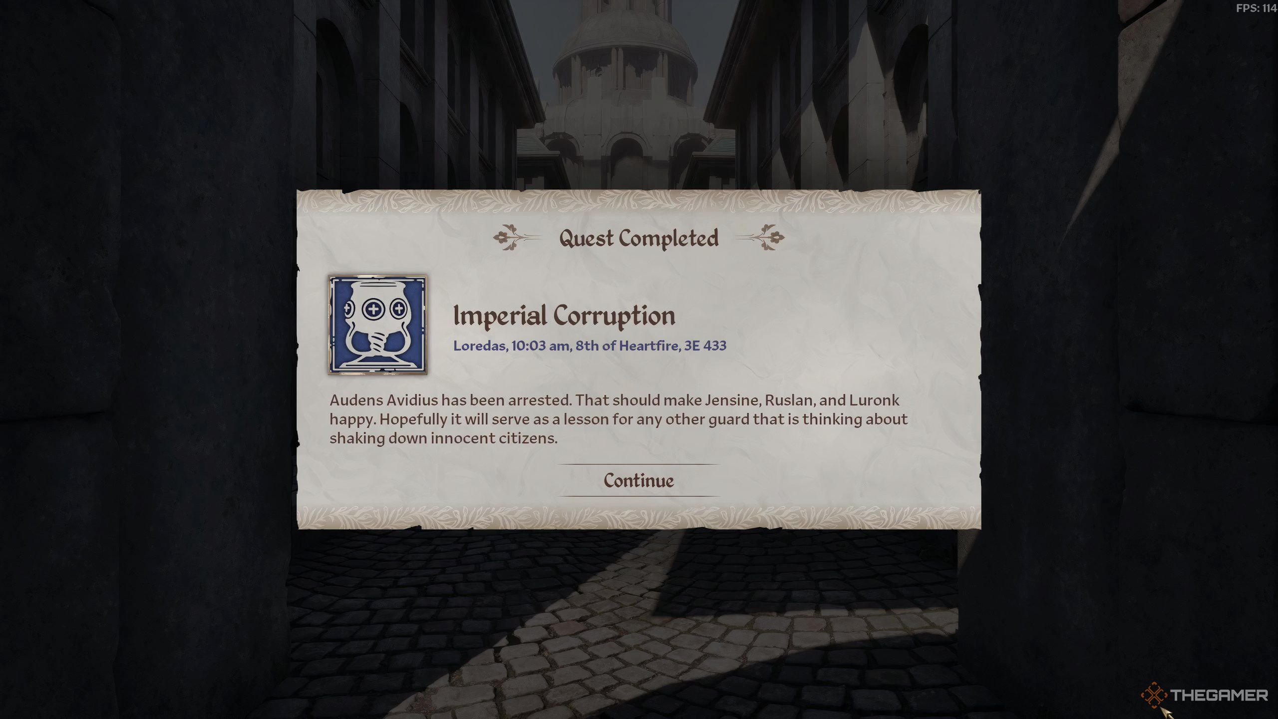 The Imperial Corruption quest arrest update screen in Oblivion Remastered.
