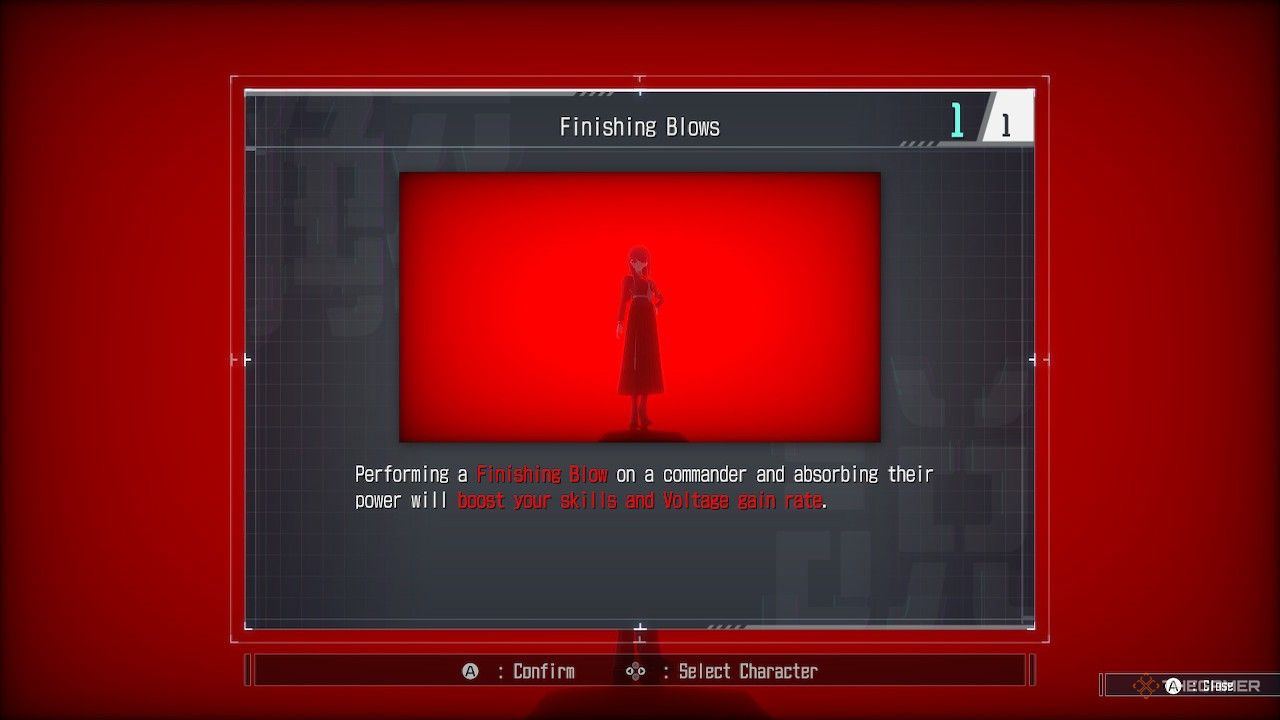 The introduction to Finishing Blows when fighting Commanders in The Hundred Line Last Defense Academy.