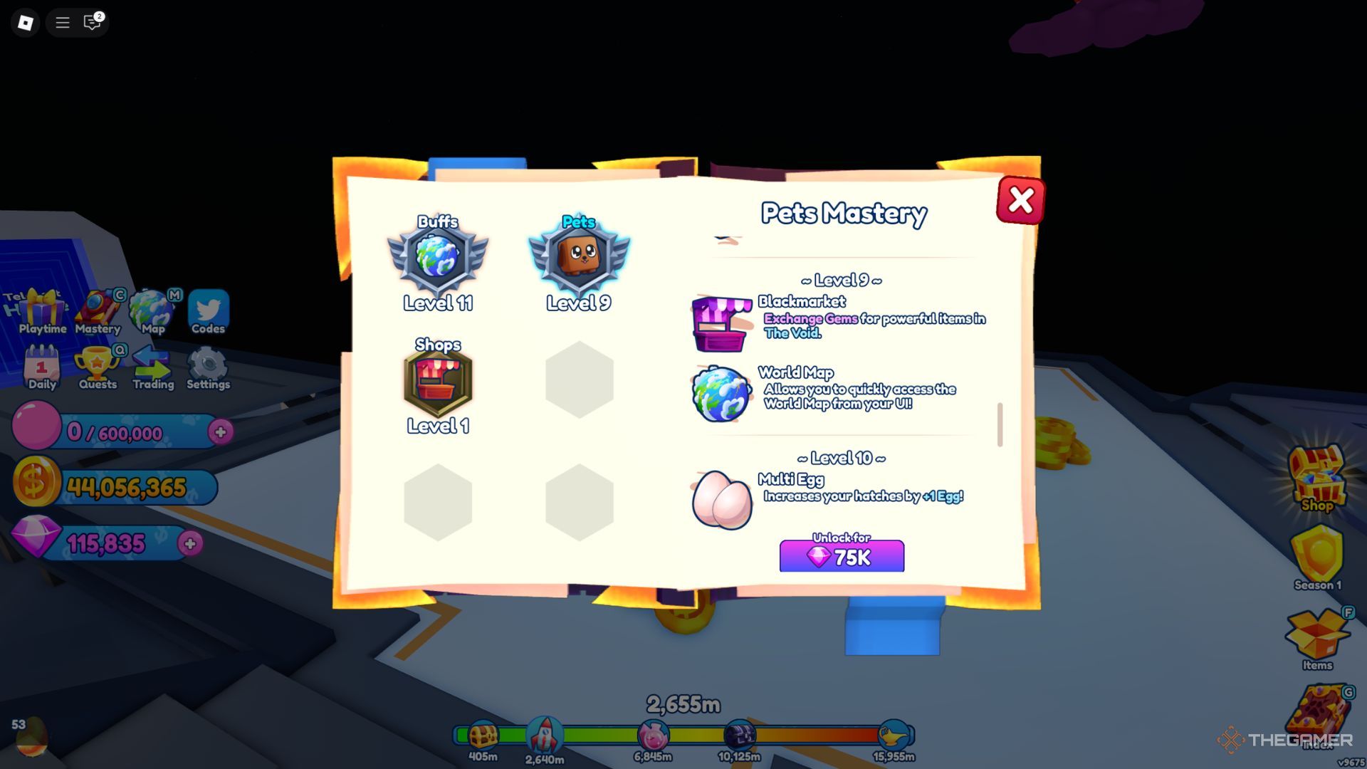 The player character shows the Mastery tab in the Outer Space world in Bubble Gum Simulator Infinity.
