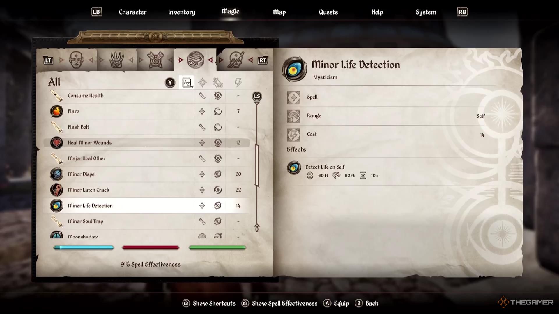 The Minor Life Detection spell in the Magic section of Oblivion Remastered.