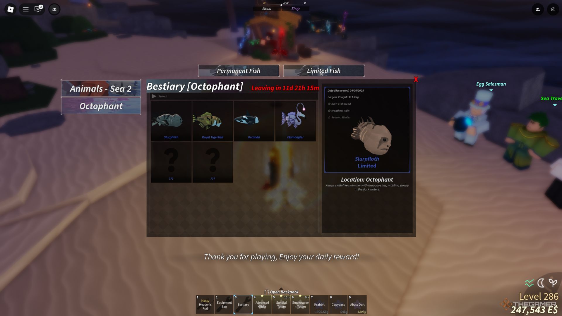 The player character shows an almost completed Octophant bestiary in Fisch.