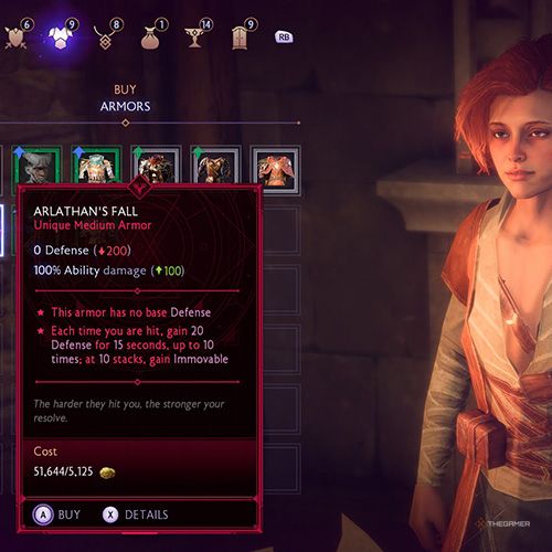 The player buys an unique item from Arlathan Forest's merchant in Dragon Age: Veilguard.