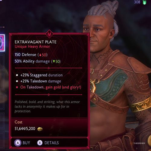 The player buys an unique item from the Hall of Valor's merchant in Dragon Age: Veilguard.